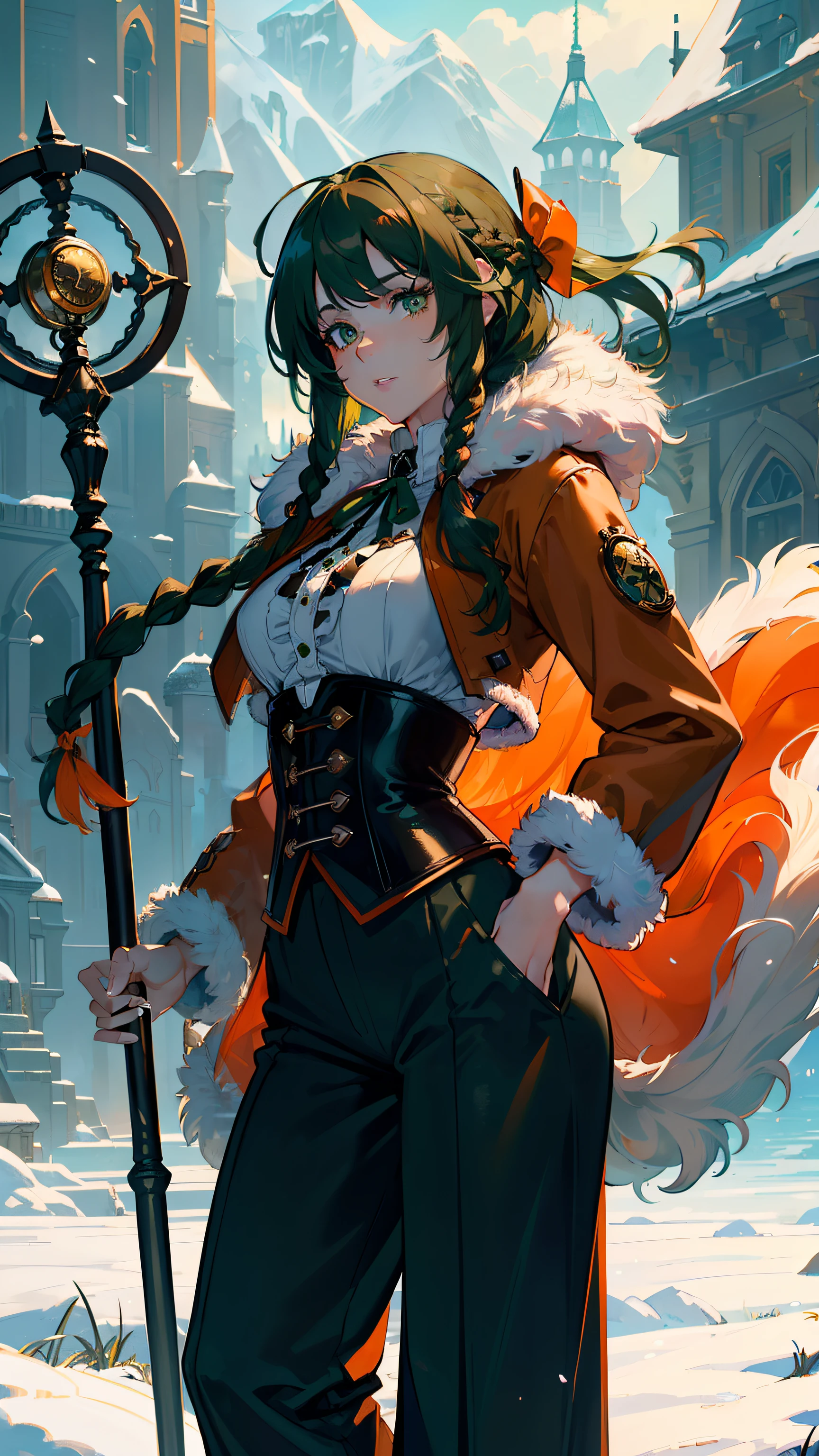masterpiece, ultra detailed, 8k portrait, RAW photo, portrait photography, highly detailed face, beautiful and meticulous eyes, ((Fantasy)), Young beautiful, 22 years old, dynamic pose, (((Long Straight deep green hair))), ((one side braided with orange hair ribbon)), blunt bangs, White skin color, Luxury, hooded (((dark brown))) (((long fur coat))) fluttering in the wind, (((dressed shirt))), (((wide pants))), leather corset, high cut leather boots, (((lift up long magical staff))), ((equip a pocket watch)), Midday Sun, hyper realistic, Body model, Small breasts, Beautiful breasts, Long legs, in the snowy castle, Ambient lighting, Shadow details , Camera focus on face, strong breeze, Light fog