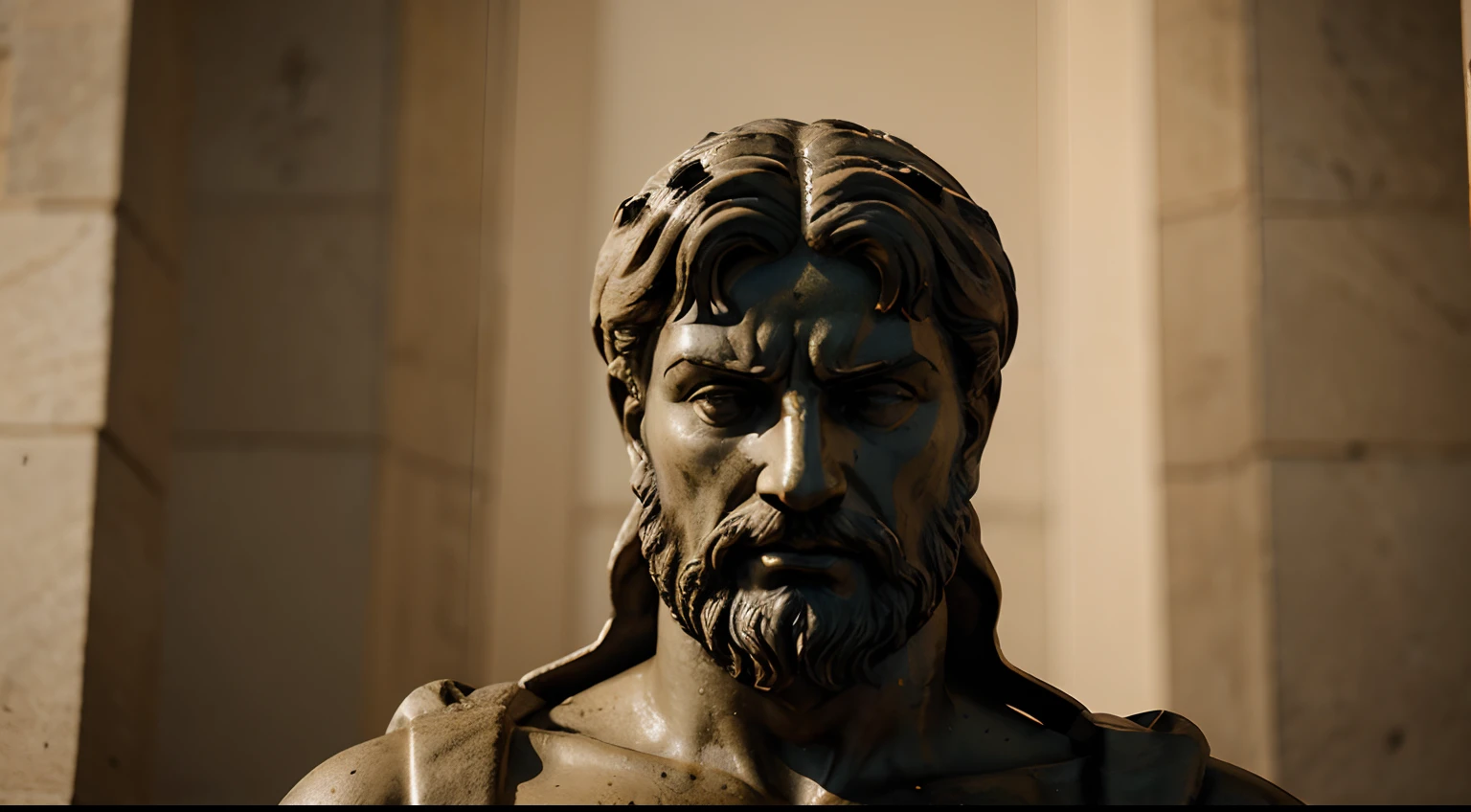 A photo of a stoic statue from ancient Greece in a dark place, realista, detalhado, papel de parede 4k,