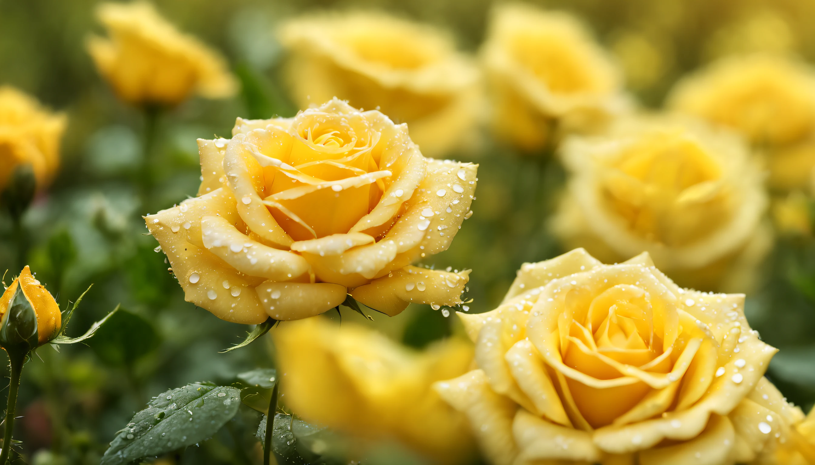 Many yellow color rose flowers in the garden and sunlight with bokeh, dew drops on flower petals (masterpiece, ultra quality, high resolution, 8k, intricate: 1.2), (masterpiece), (best quality:1)