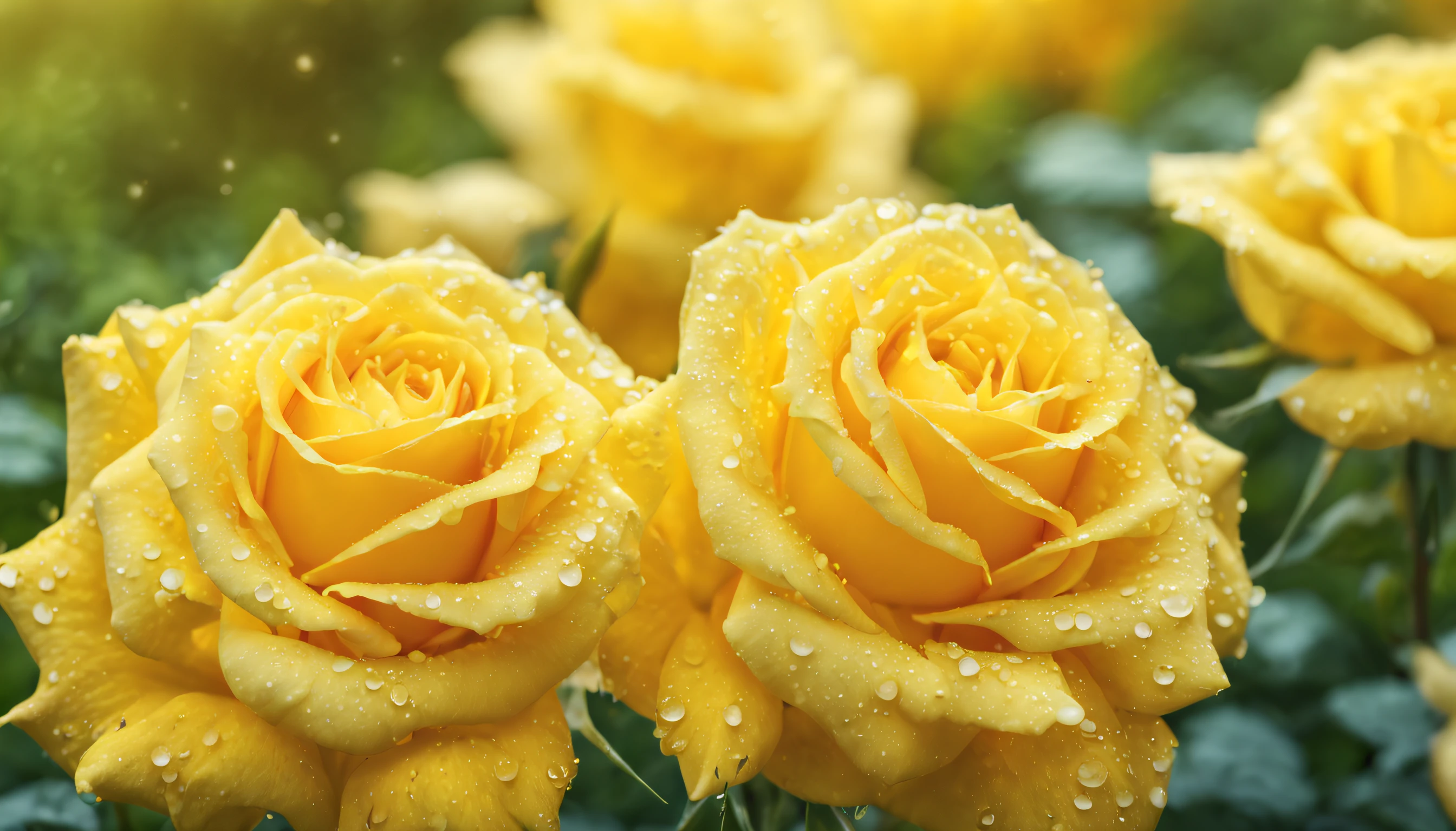 Many yellow color rose flowers in the garden and sunlight with bokeh, dew drops on flower petals (masterpiece, ultra quality, high resolution, 8k, intricate: 1.2), (masterpiece), (best quality:1)