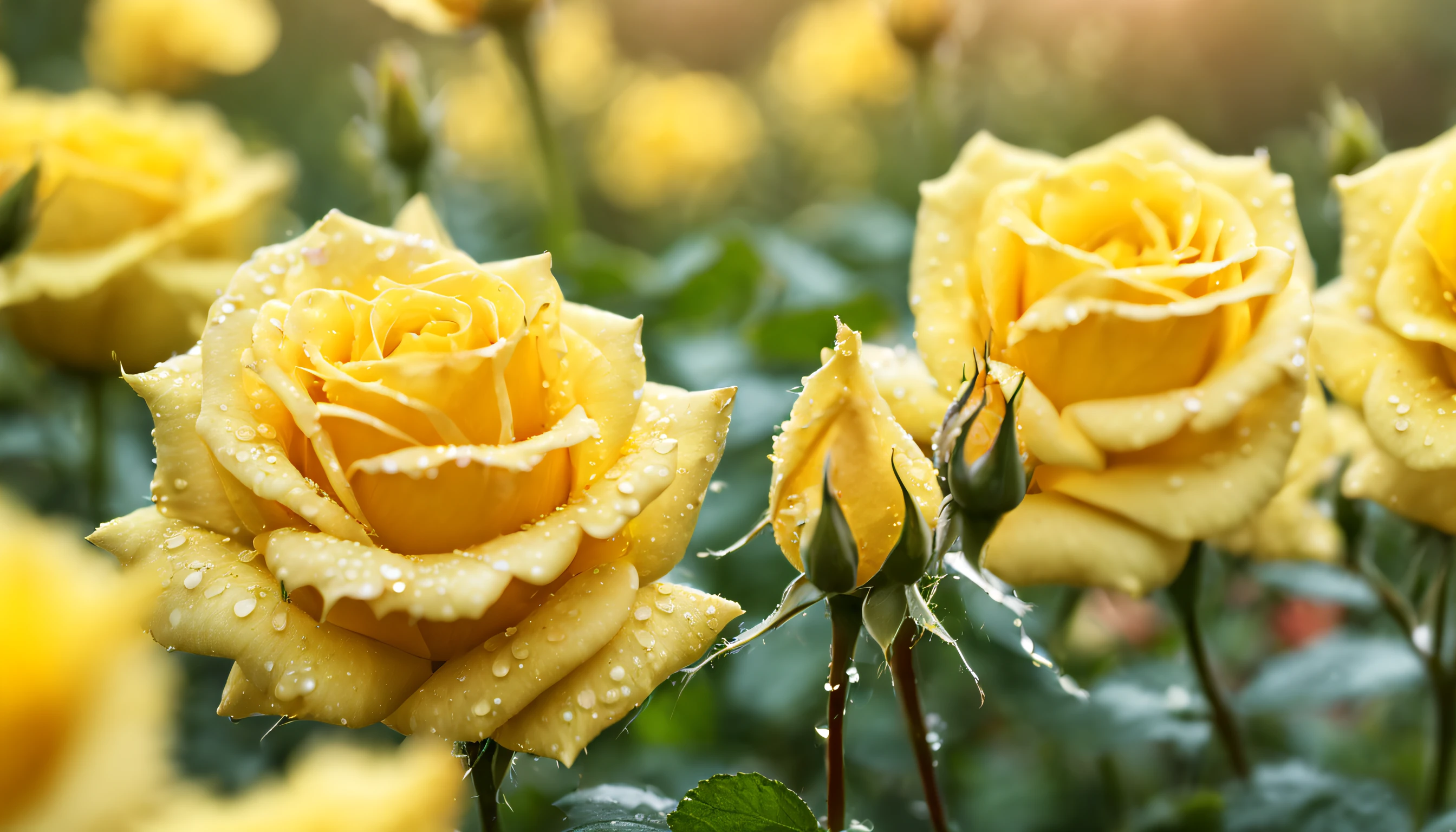 Many yellow color rose flowers in the garden and sunlight with bokeh, dew drops on flower petals (masterpiece, ultra quality, high resolution, 8k, intricate: 1.2), (masterpiece), (best quality:1)