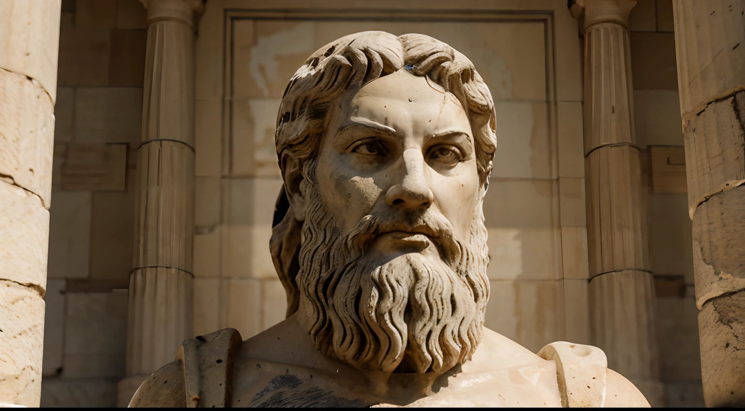 Ancient Greek statue with angry expression, tem barba, Filmado em Sony A7S III com Sony FE 35mm f/1.8, 12.1 MP, --AR 3:2 --estilo cru
