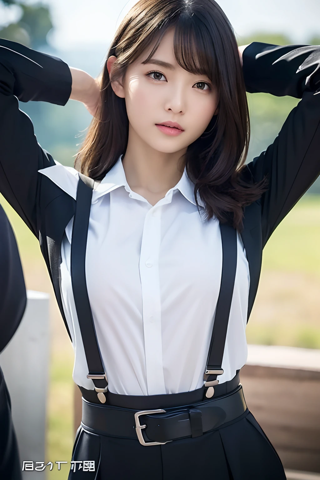masterpiece、top-quality、The ultra -The high-definition、、colourfull、flat-colors、depth of fields、lens flare 1 girl、、A dark-haired、watching at viewers Suits Cutter shirt a belt suspenders working adults materia OL Black Suit Black jacket glares large full breasts Armpit sweat Show the armpits