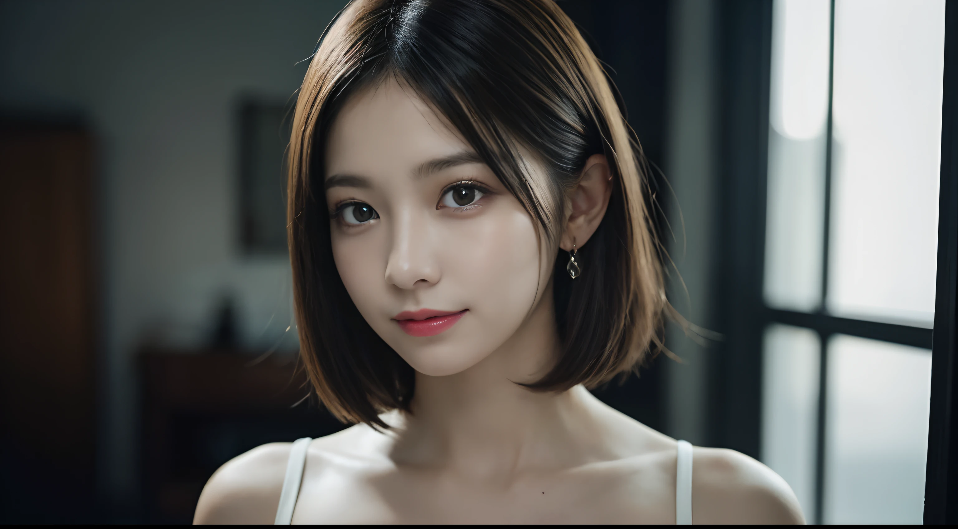 Look in front of you, fine clavicle,short detailed hair,cropped shoulders, upper legs,Lace lingerie big breasts,cleanness,Harnes,耳Nipple Ring,Squeeze out the chest,low chest,exposing your navel,(8K, RAW photography, top-quality), (hentail realism, Photorealsitic: 1.37), one-girl, A smile、profesional lighting, physically-based renderingt, excellent quality photos,(clearface), (Detailed face description), realisticlying, extreme light and shadows