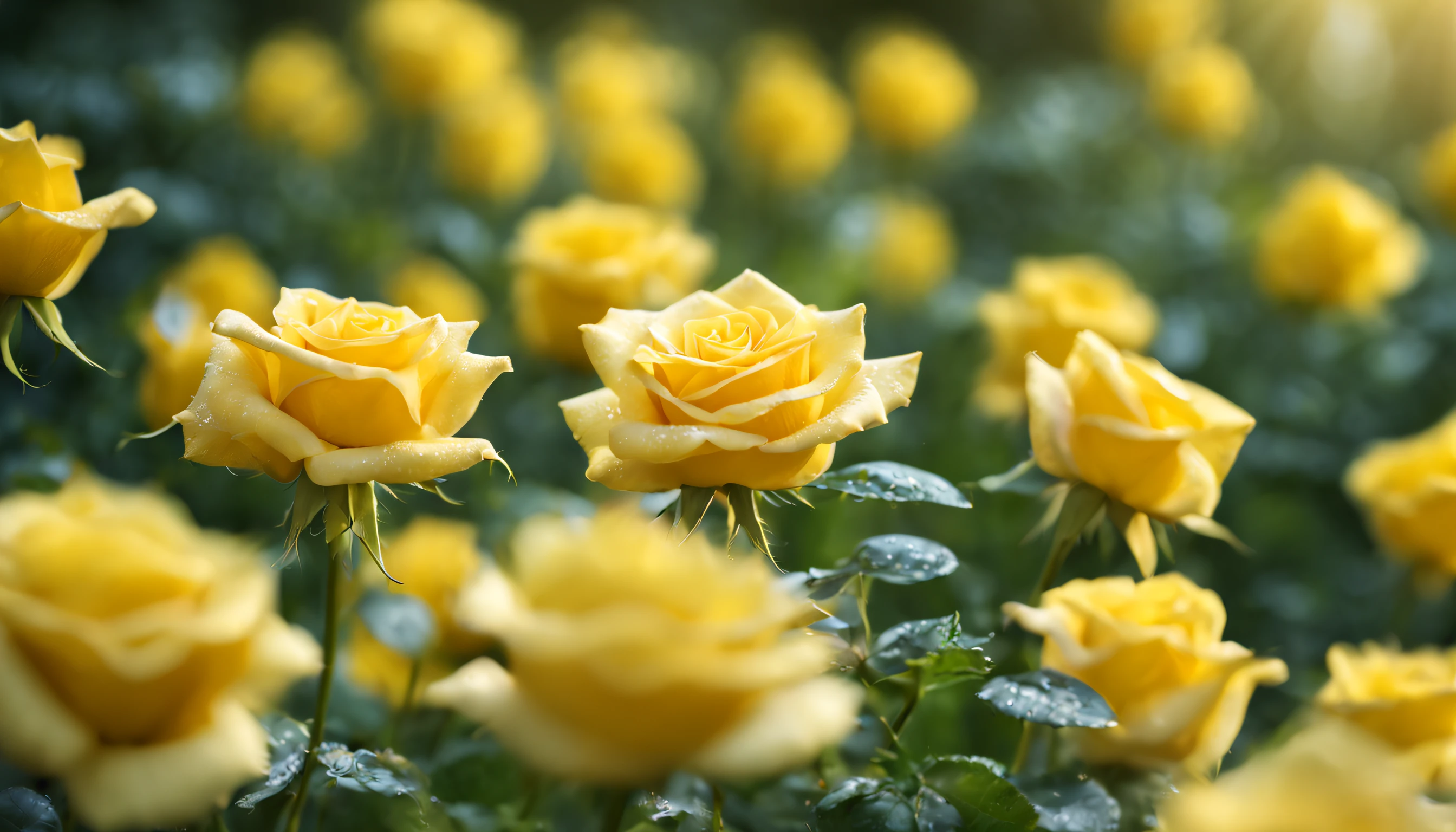 Many yellow color rose flowers in the garden and sunlight with bokeh, dew drops on flower petals (masterpiece, ultra quality, high resolution, 8k, intricate: 1.2), (masterpiece), (best quality:1)