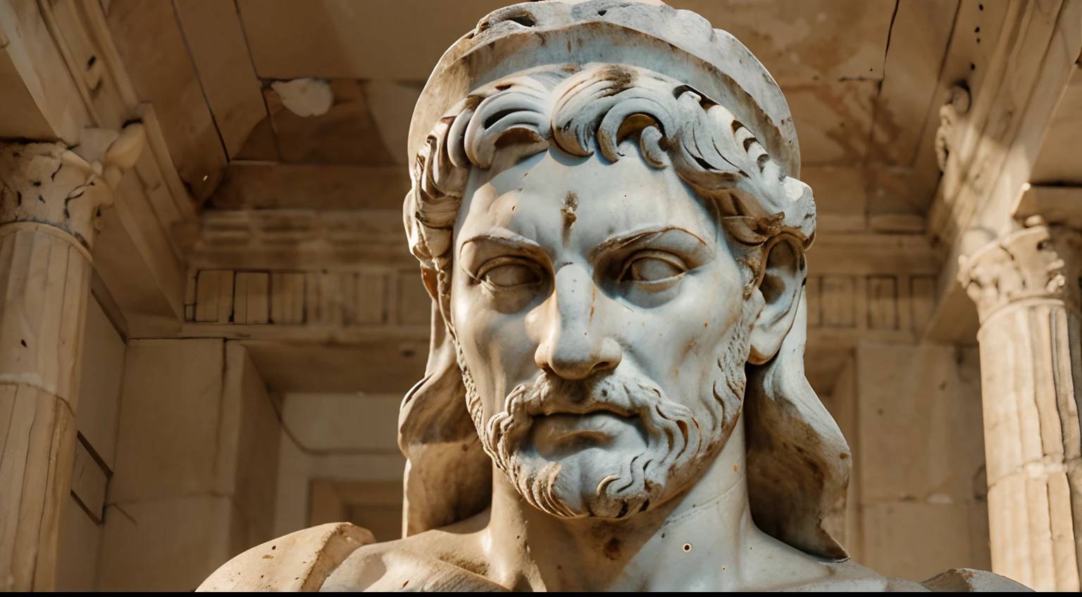 Ancient Greek statue with angry expression, tem barba, Filmado em Sony A7S III com Sony FE 35mm f/1.8, 12.1 MP, --AR 3:2 --estilo cru