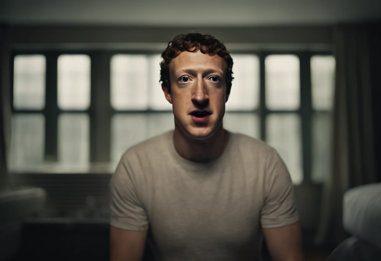 Mark Zuckerberg, deformed, morphed, large lumpy head, multiple eyes, tiny eyes, deformed body, scary, horror, thriller, demon, creepy, creepy pasta, internet ARG image, liminal space, hovering over bedside, dark room, no light in room,