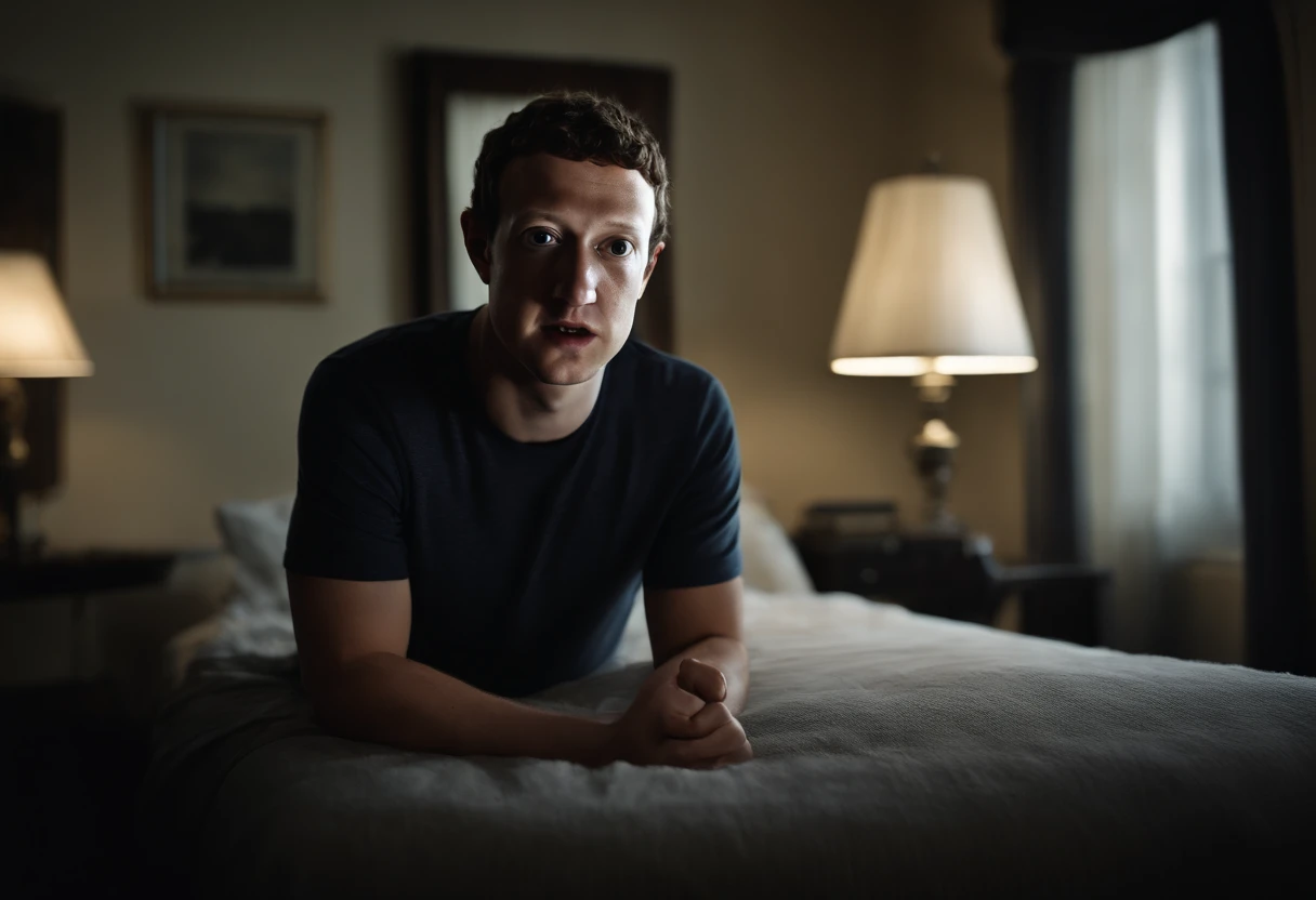Mark Zuckerberg, deformed, morphed, large lumpy head, multiple eyes, tiny eyes, deformed body, scary, horror, thriller, demon, creepy, creepy pasta, internet ARG image, liminal space, hovering over bedside, dark room, no light in room,