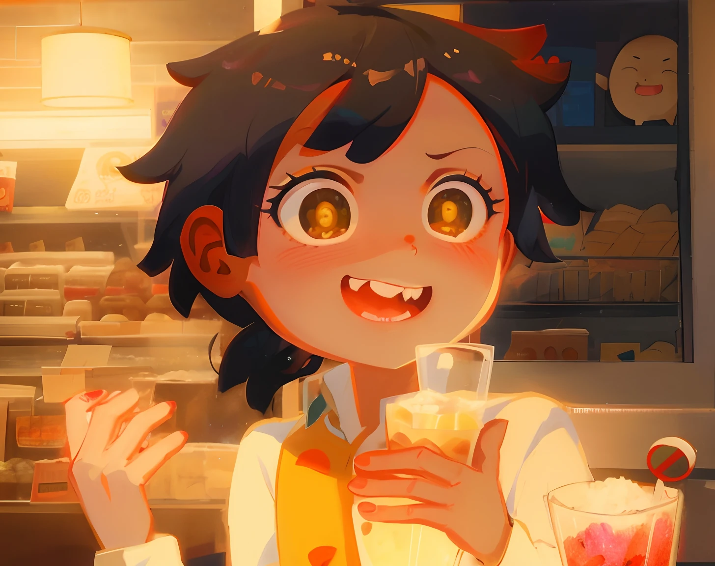 Garoto vampiro de anime segurando um copo de suco de laranja na frente de uma geladeira, menino lofi, menino com dentes de vampiro, visual anime de uma menino bonito, Elogio Artstyle, anime moe artstyle, Estilo Ilya Kuvshinov, Ilya Kuvshinov. 4 mil, estilo anime. 8k, estilo anime 4K, Illya Kuvshinov