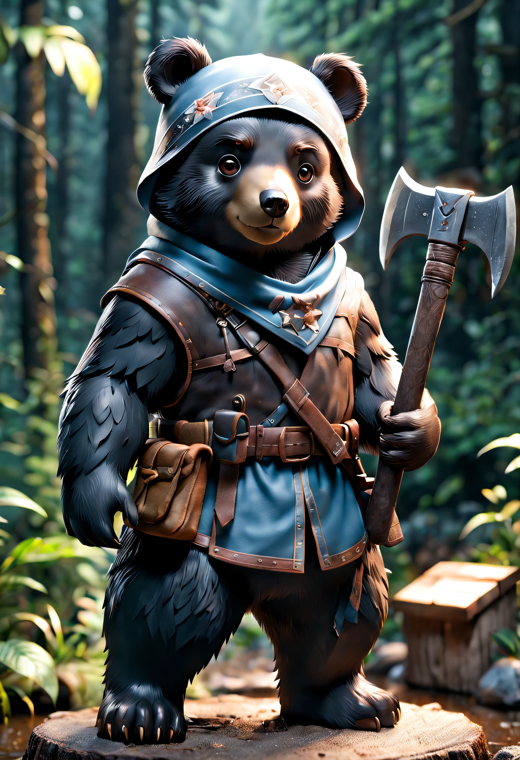 full body Esbian、Cool black bear、Pop black bear、diorama、symple background、White background、bandana、holding an ax in your hand、masterpiece, Best Quality, Capture super cute moments, depth of fields, ultra-detailliert, Ultra High Resolution, Octadale, 8K, 16 K