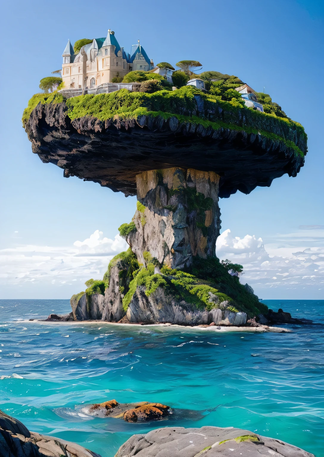 RAW photo of a landscape、detaile、Photorealsitic、hyper realistic photography、8KHD、Digital SLR、Soft lighting、hightquality、film grains、FujifilmXT3、(masterpiece)、Daytime sea、Blue Sea、Emerald Blue Sea、(If you look up, There is a flying island seen from the side The lower part of the island is rocky:1.6)、No house、An island that floats like a castle in the sky、water world,Futuristic sci-fi scene,There's a huge structure far away、Mystical sci-fi concept photo,Mystical worldview,Like a sci-fi scene,Surreal sci-fi set photo,masutepiece、Best Quality、Incredibly realistic photos