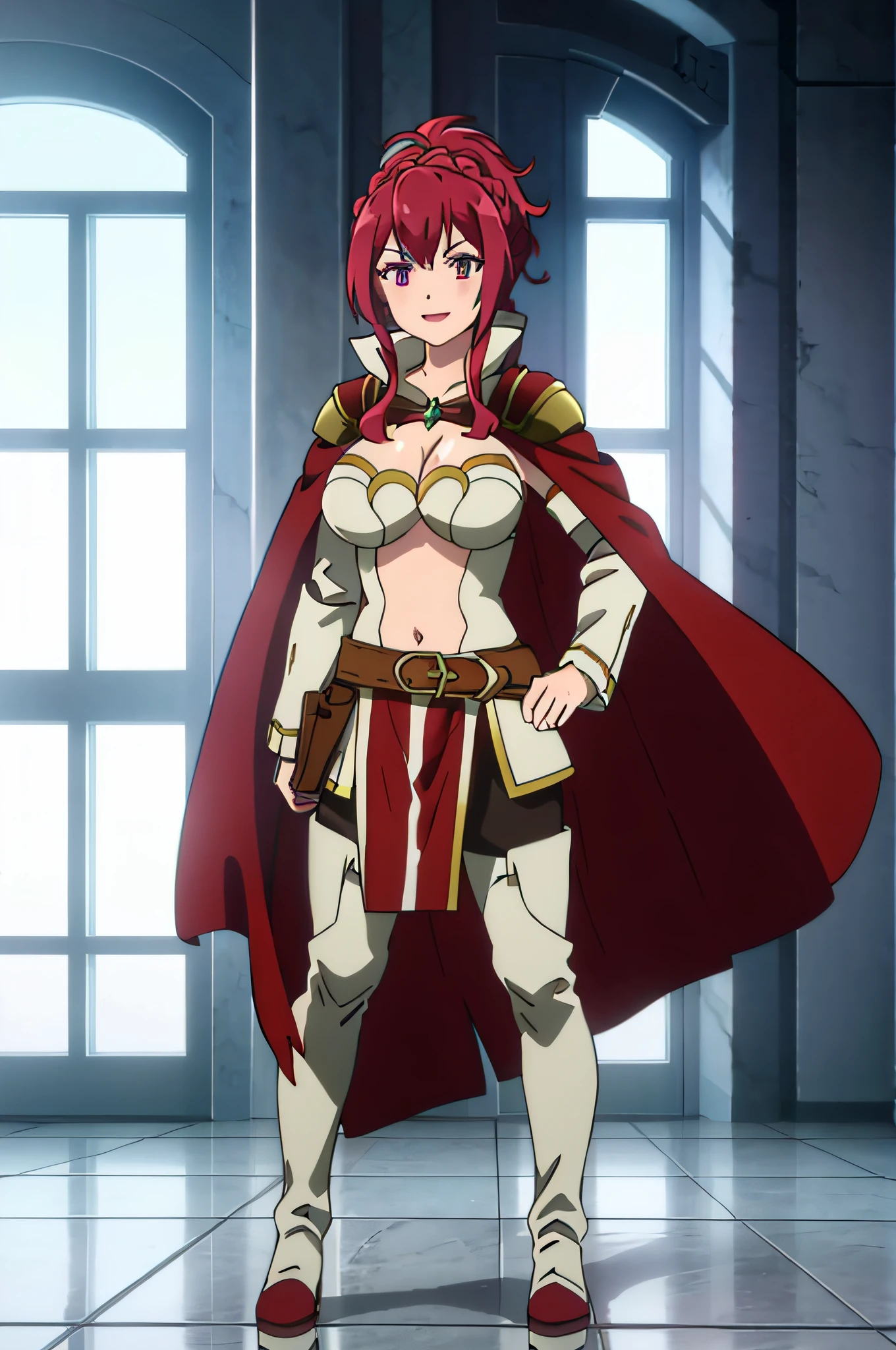 LAMINITUS, LARGE BREASTS, RED HAIR, GUNNERGEAR, WHITE BOOTS, CAPE, CROWN BRAID, 1girl, solo, facing viewer, looking at viewer, smile.