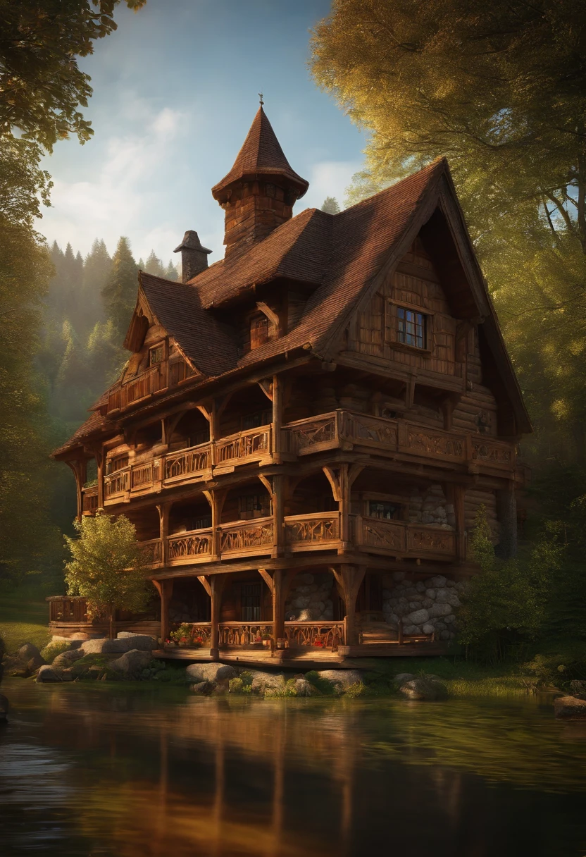 large wooden log house in the medieval era with a balcony facing a large lake