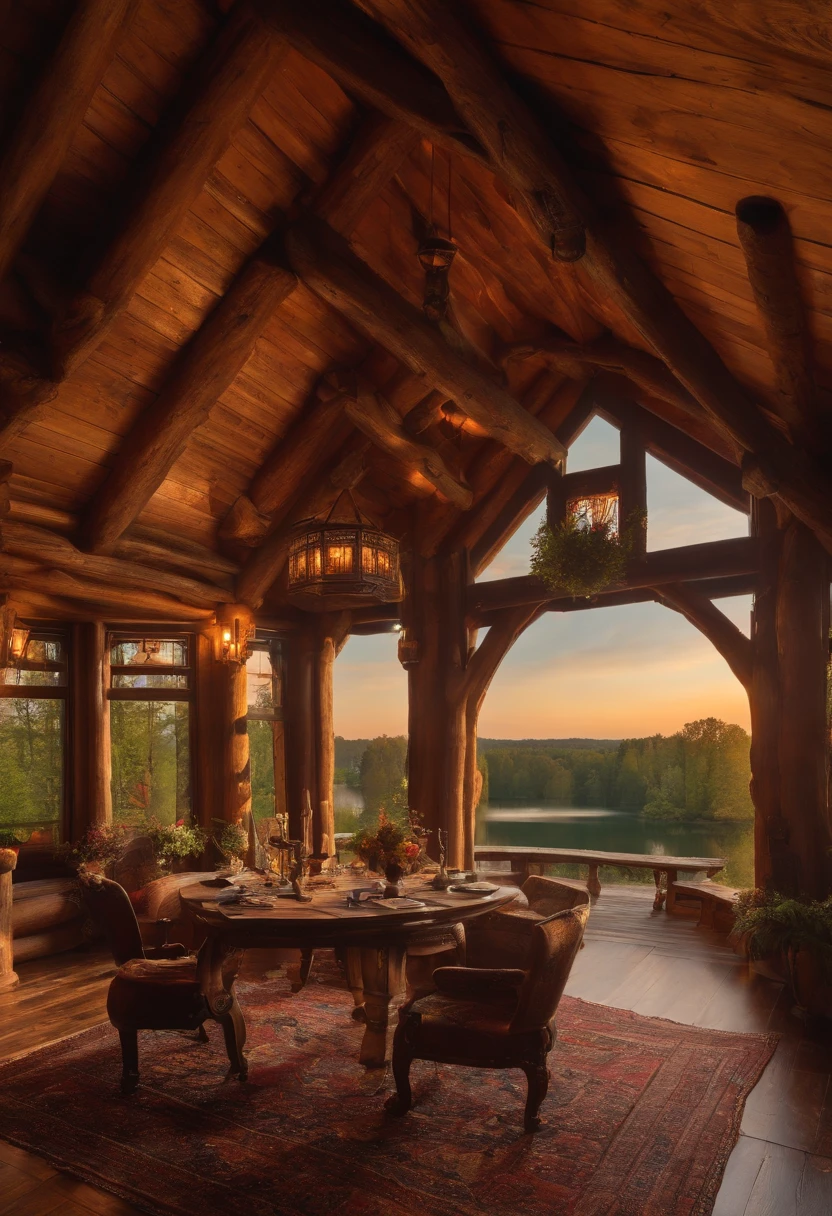 large wooden log house in the medieval era with a balcony facing a large lake