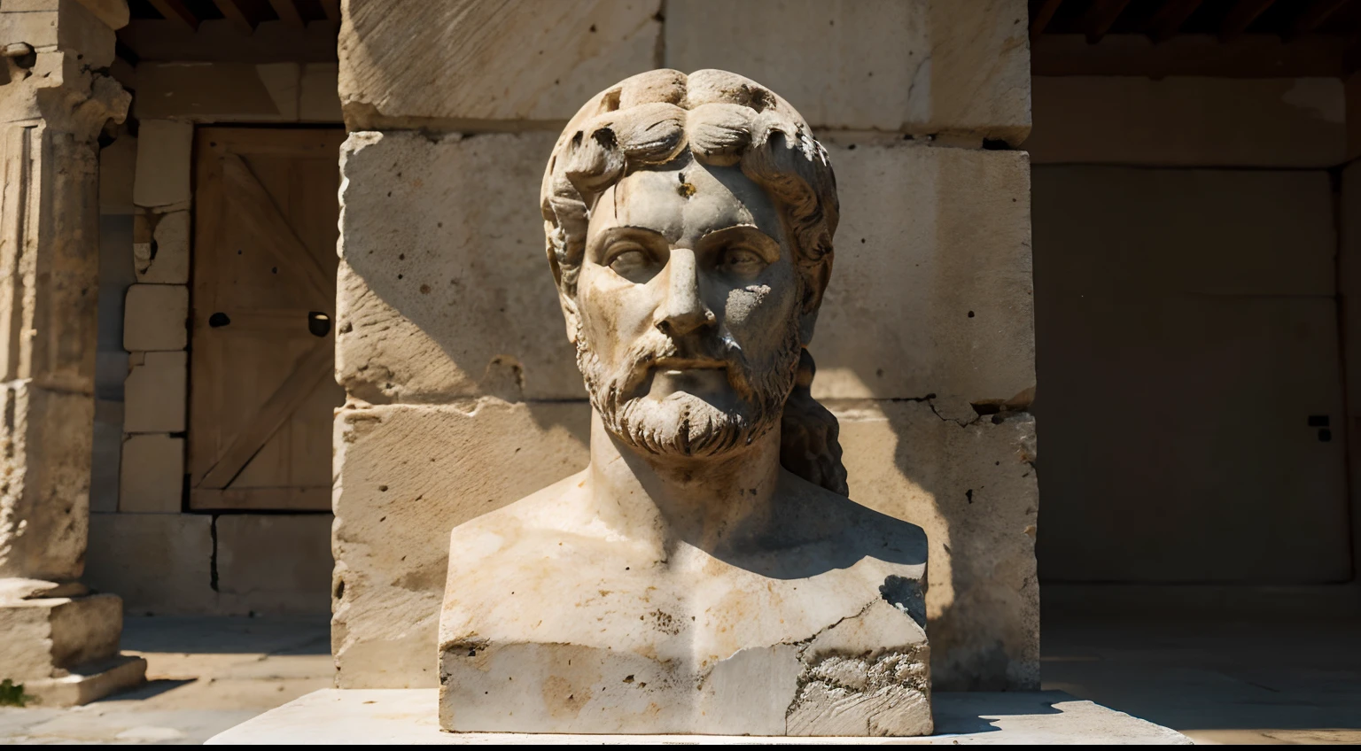 Ancient Greek statue with angry expression, tem barba, muitos detalhes em ambos os olhos, Outside, com rosto extremamente detalhado full body view, Colors with low saturation with dark tone, Filmado em Sony A7S III com Sony FE 35mm f/1.8, 12.1 MP, --AR 3:2 --estilo cru