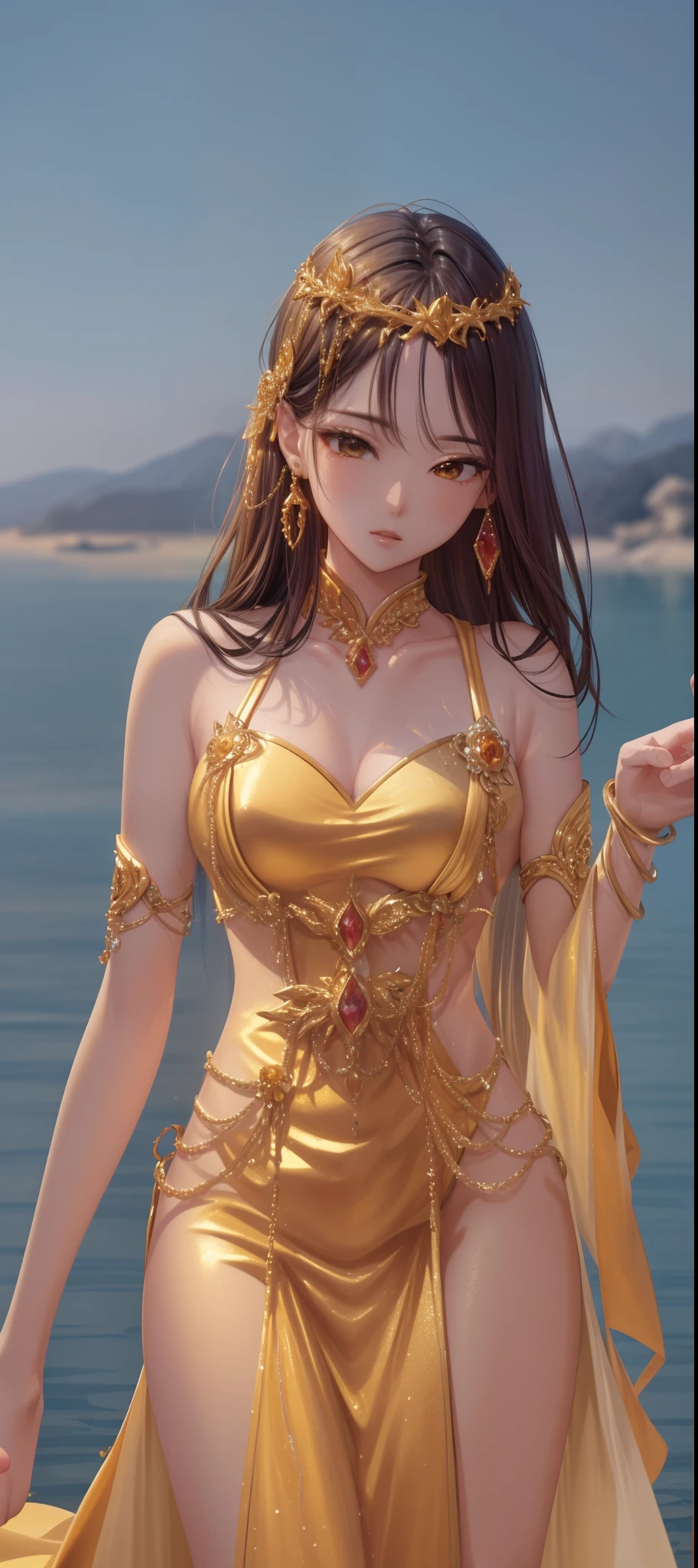 a close up of a woman in a gold dress standing near a body of water, inspired by Sim Sa-jeong, golden corset, wearing gilded ribes, ethereal vaporous tan skin, gold bra, elegant yellow skin, elegant gold skin, ingame image, detailed upper body, long glowing ethereal hair, wearing a dress of gossamer gold, wavy hair yellow theme, masterpiece, high resolution, high detail, high quality