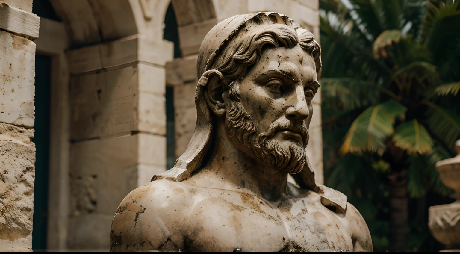 Ancient Greek statue with angry expression, tem barba, muitos detalhes em ambos os olhos, Outside, com rosto extremamente detalhado full body view, Colors with low saturation with dark tone, Filmado em Sony A7S III com Sony FE 35mm f/1.8, 12.1 MP, --AR 3:2 --estilo cru