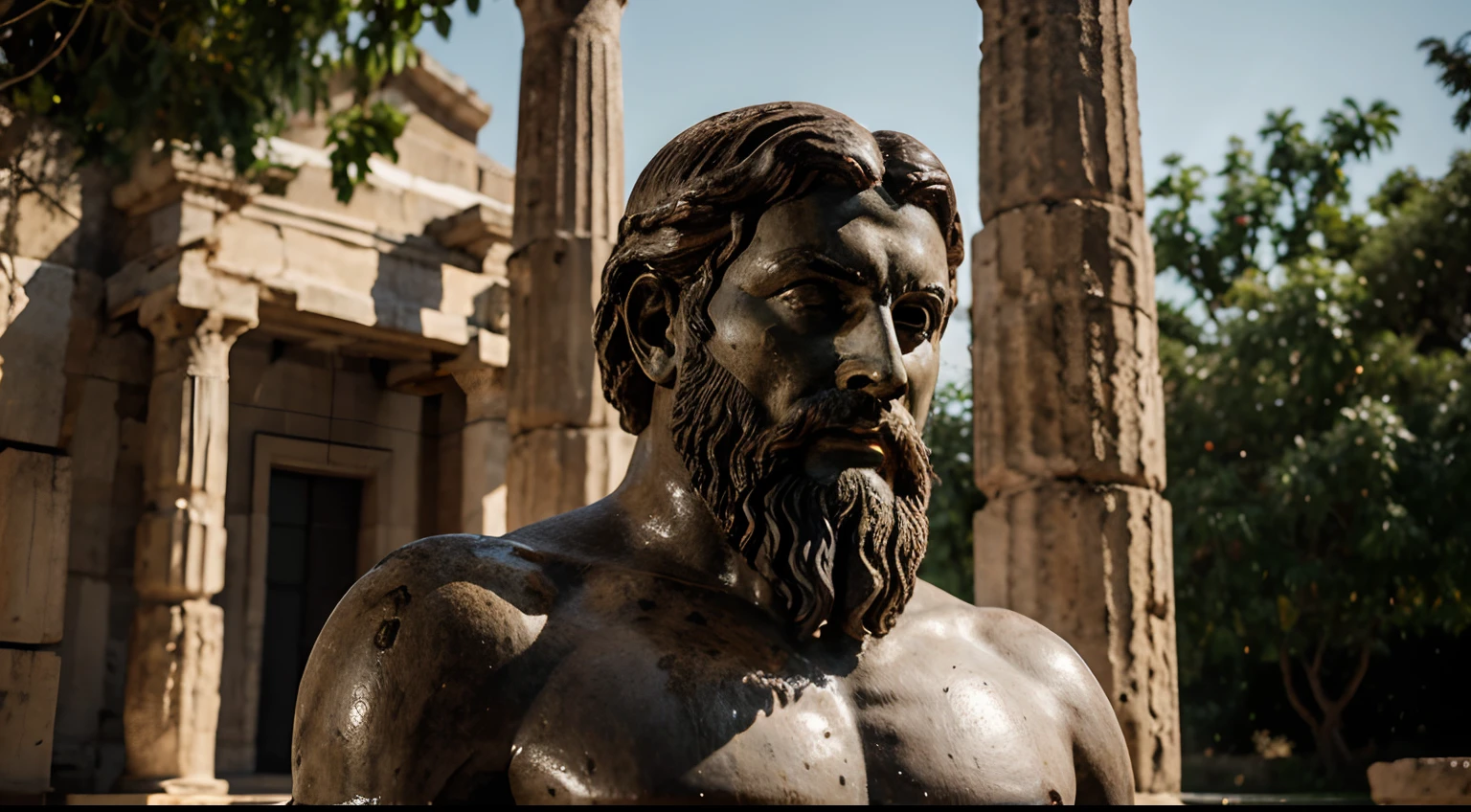Ancient Greek statue with angry expression, tem barba, muitos detalhes em ambos os olhos, Outside, com rosto extremamente detalhado full body view, Colors with low saturation with dark tone, Filmado em Sony A7S III com Sony FE 35mm f/1.8, 12.1 MP, --AR 3:2 --estilo cru