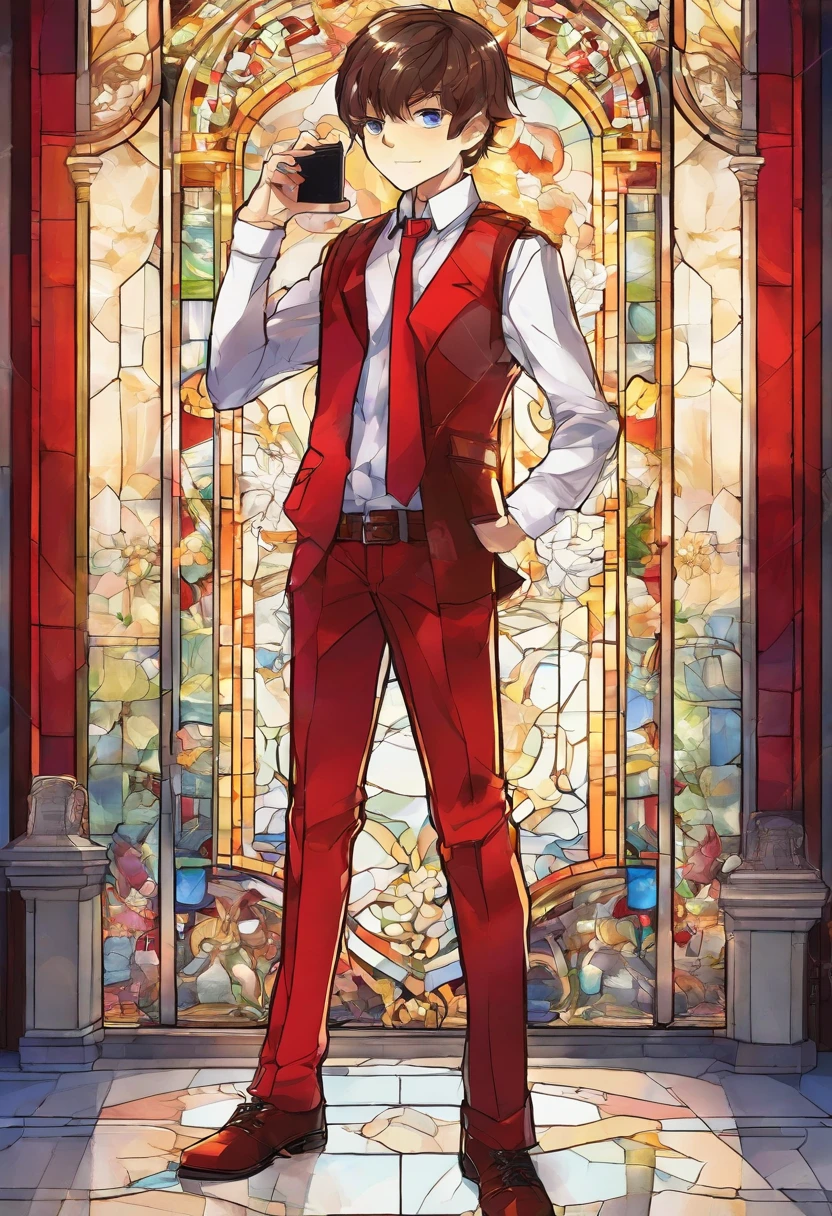 12year old Boy capturing pricture using mobile in front of mirror , wearing red pant and white shirt and red tie,anime,swag,attitude,stylish cloths,classy background,8K