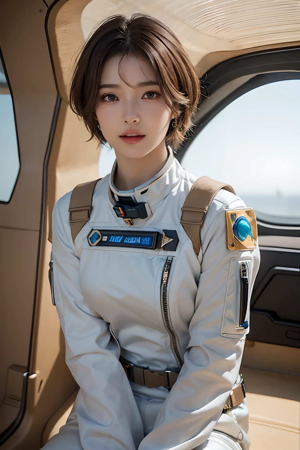 top-quality、​masterpiece、超A high resolution、(realisitic:1.4)、Beautuful Women１、Beautiful detail eyes and skin、ssmile、Light brown short-cut hair、The perfect spacesuit、Inside the spacecraft、Sand Planet、sandstorm、weak sunshine、