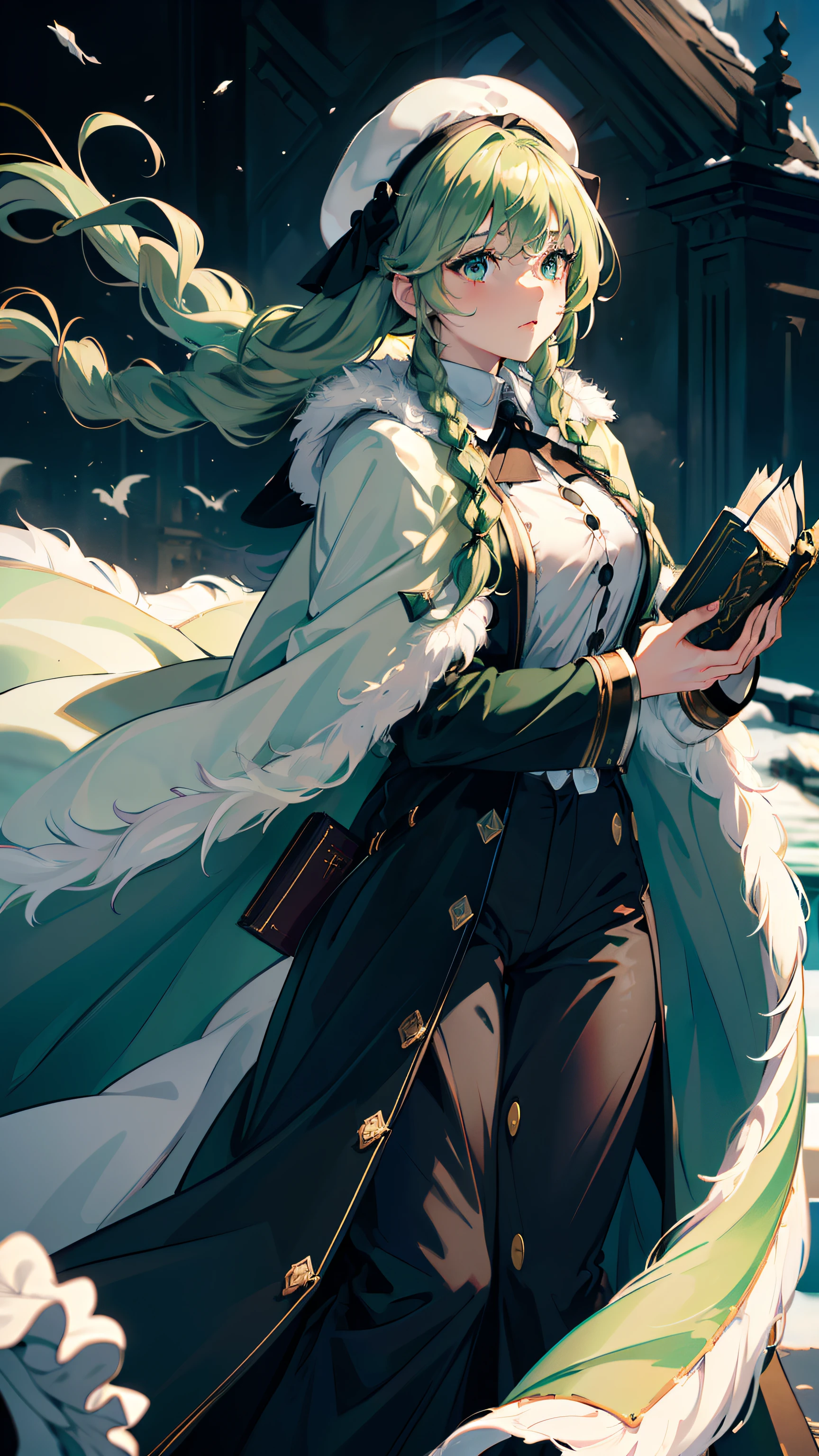 masterpiece, ultra detailed, 8k portrait, RAW photo, portrait photography, highly detailed face, beautiful and meticulous eyes, ((Fantasy)), Young beautiful, 22 years old, (((drooping eyes))), dynamic pose, (((Medium wavy light green hair))), ((braided twin tail)), parted bangs, White skin color, Luxury, (((black mortarboard cap))), (((white long fur cloak))) fluttering in the wind, (((many buttons Shirt dress))), (((black wide pants))), high cut leather boots, ((holding magic book)), Midday Sun, hyper realistic, Body model, Small breasts, Beautiful breasts, Long legs, in the snowy castle, Ambient lighting, Shadow details , Camera focus on thigh, strong breeze, Light fog