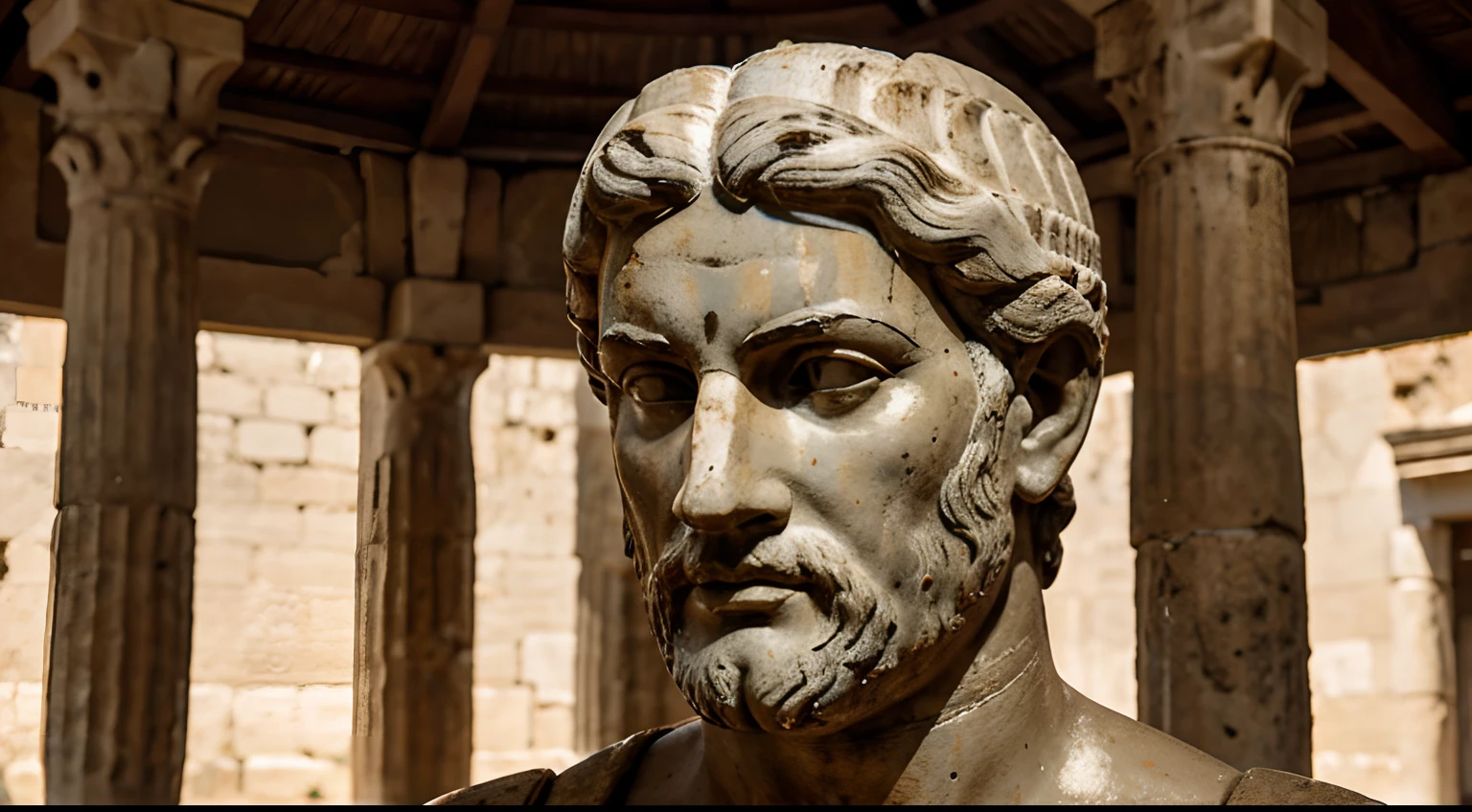 Ancient Greek statue with very angry expression, tem barba, muitos detalhes em ambos os olhos, Outside, com rosto extremamente detalhado full body view, Colors with low saturation with dark tone, Filmado em Sony A7S III com Sony FE 35mm f/1.8, 12.1 MP, --AR 3:2 --estilo cru