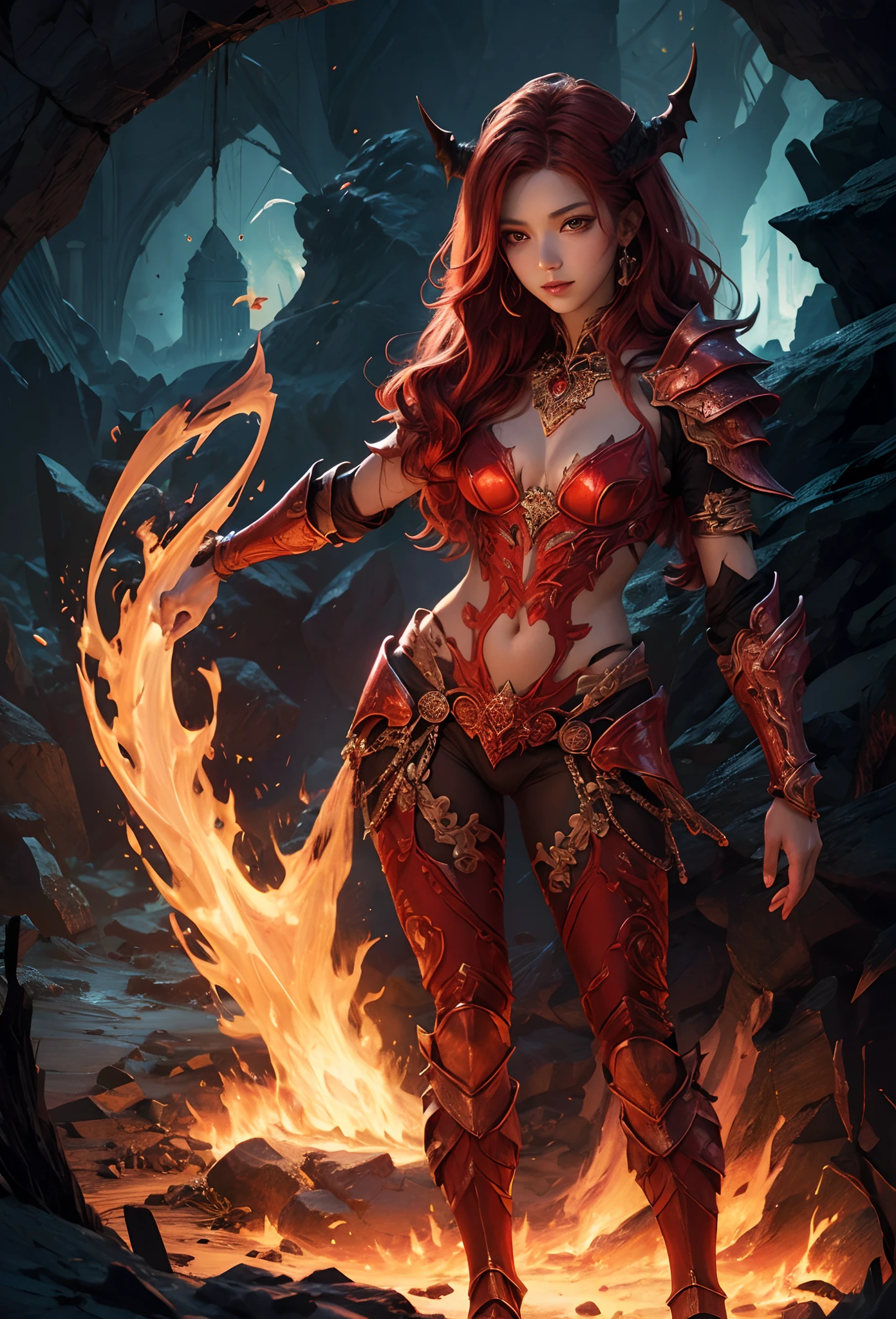 (Detailed illustrations,Very detailed and detailed drawing,Delicate lines with slow and rapid,Realistic texture expression),[Color tressed main line],[Lava cave background [Hot hell:0.4]],HENAI ANIME (Red-skinned DemonGirl 19 years old slender muscular) Flame hair (Devil's Knight:0.8),(Bone armor [crack in the chest:0.6] [Blade of Fresh Blood:0.4]) (edg),[[Dark Fantasy]],(Intricate and beautiful decoration [Dense detail]),(Fine and beautiful skin expression [Transparency]),[Perfect eye details (Iris beautifully drawn in every detail)[Jewel-like eyes]],[long and beautiful eyelashes],[Meticulously drawn hair [More on beautiful and shiny hair]],(Perfect hand details [Beautiful fingers without breakdowns [Beautiful nails]]),(Perfect Anatomy (Perfectly proportioned)) [[Full body like]],[Ideal color coordination(Accurate simulation of light-material interactions)],(HighQuality,[Precision Detail] hight resolution,(detaileds,high-detail)),[Visual art that conveys a sense of narrative].
