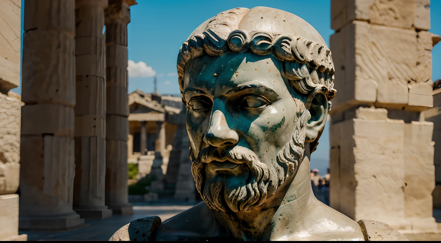 Ancient Greek statue with very angry expression, tem barba, muitos detalhes em ambos os olhos, Outside, com rosto extremamente detalhado full body view, Colors with low saturation with dark tone, Filmado em Sony A7S III com Sony FE 35mm f/1.8, 12.1 MP, --AR 3:2 --estilo cru