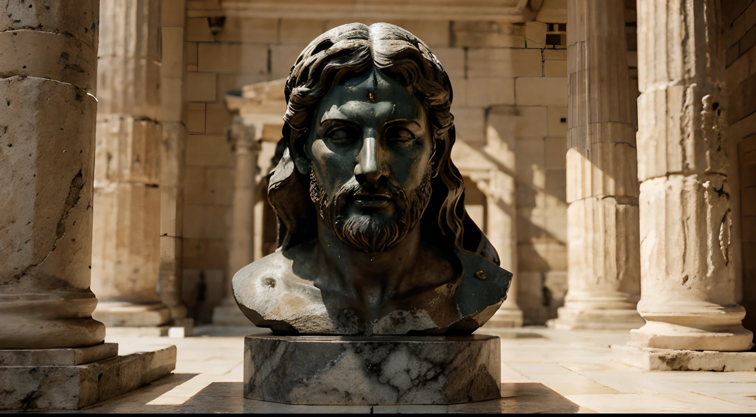 Ancient Greek statue with very angry expression, tem barba, muitos detalhes em ambos os olhos, Outside, com rosto extremamente detalhado full body view, Colors with low saturation with dark tone, Filmado em Sony A7S III com Sony FE 35mm f/1.8, 12.1 MP, --AR 3:2 --estilo cru