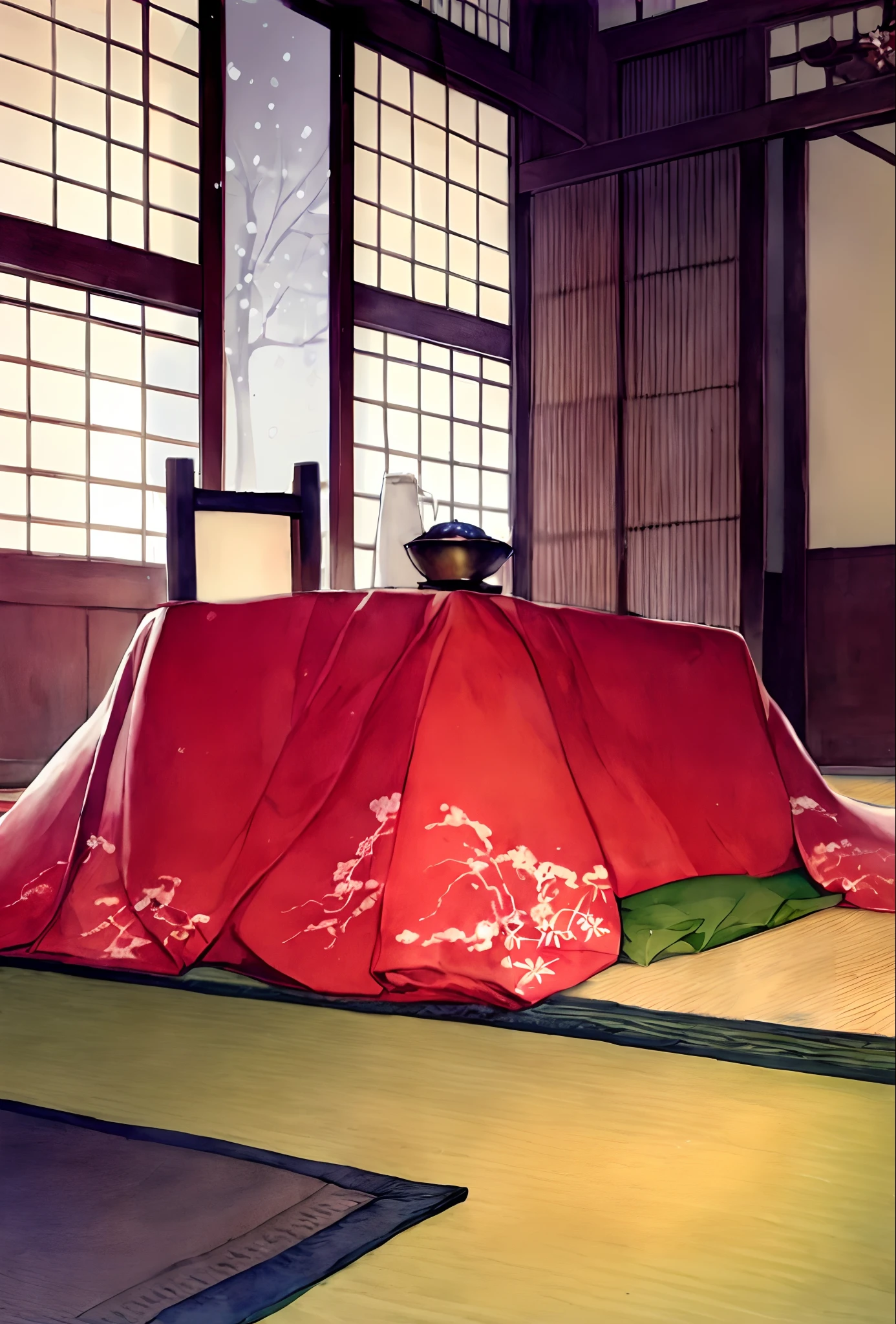 Kotatsu、pots、Tatami mats、It's snowing outside、transom、watercolor paiting