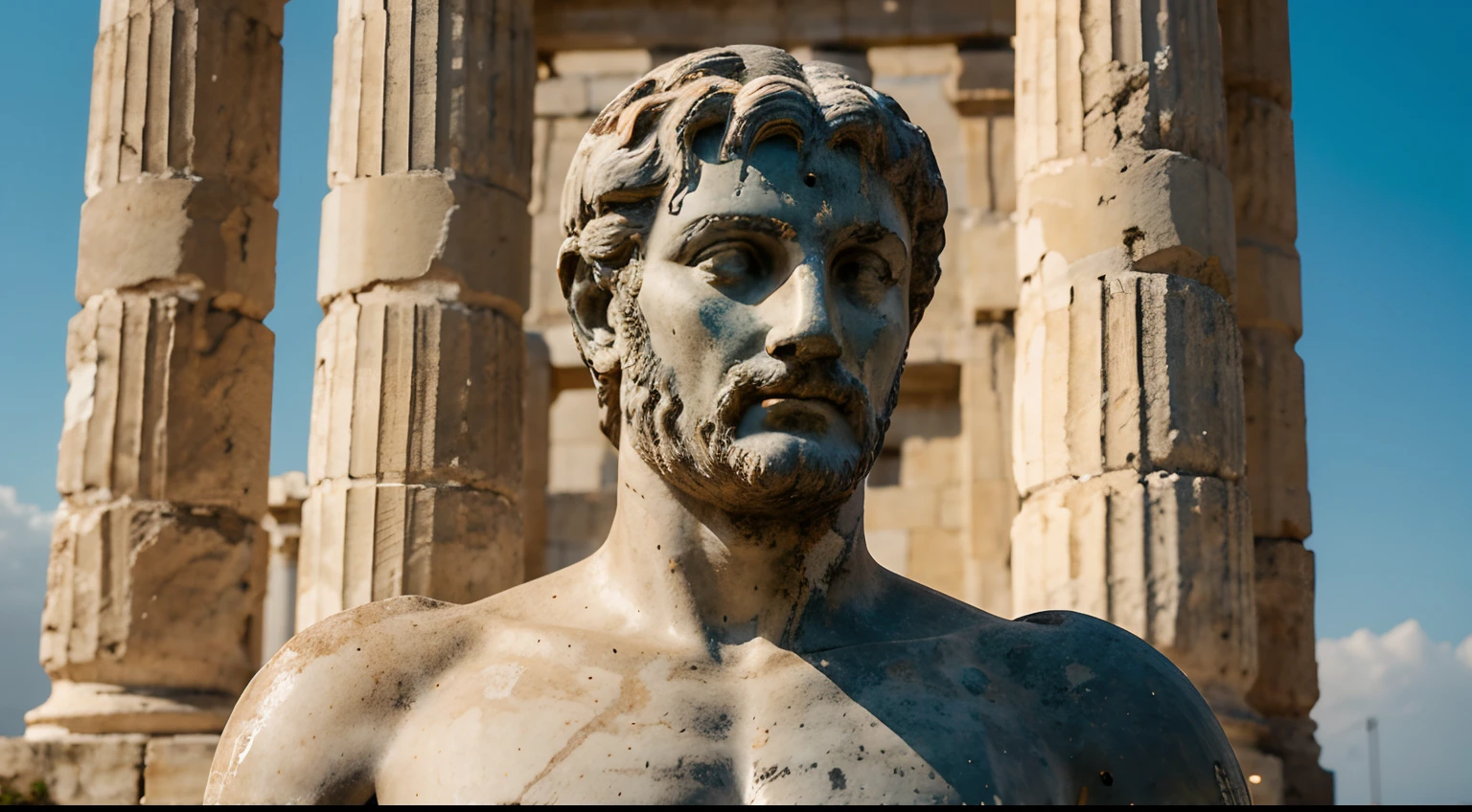 Ancient Greek statue with very angry expression, tem barba, muitos detalhes em ambos os olhos, Outside, com rosto extremamente detalhado full body view, Colors with low saturation with dark tone, Filmado em Sony A7S III com Sony FE 35mm f/1.8, 12.1 MP, --AR 3:2 --estilo cru