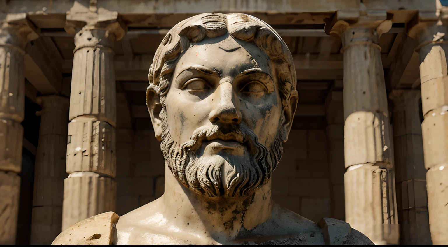 Ancient Greek statue with very angry expression, tem barba, muitos detalhes em ambos os olhos, Outside, com rosto extremamente detalhado full body view, Colors with low saturation with dark tone, Filmado em Sony A7S III com Sony FE 35mm f/1.8, 12.1 MP, --AR 3:2 --estilo cru