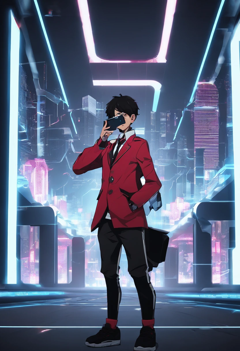 ar old capturing pricture using mobile in front of mirror , wearing red pant and white shirt and red tie and without court,anime,swag,attitude,stylish cloths,classy background,8K