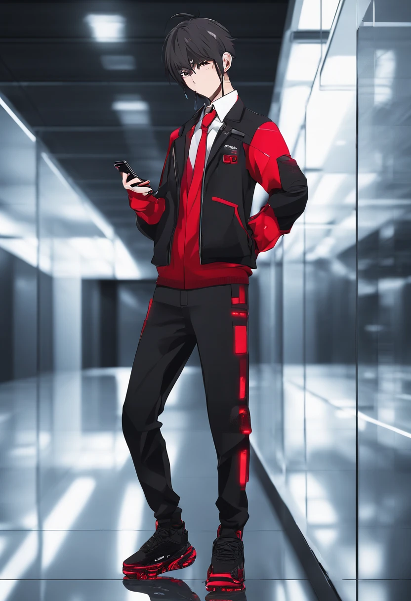 12year old Boy capturing pricture using mobile in front of mirror , wearing red pant and white shirt and red tie and without court,anime,swag,attitude,stylish cloths,classy background,8K