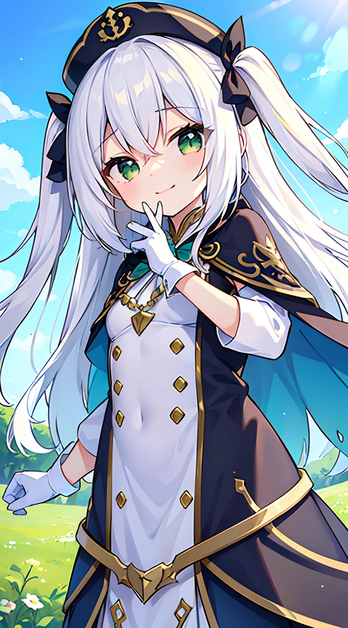 (top-quality), (masterpiece)、(ultla detailed)、(Beautiful girl alone:1.3)、Lori、cute little、Meadow and blue sky background、Outside、Daytime、A smile、(Face shot:1.3)、blush、(White and navy blue gown:1.3)、Golden decoration、(White Long Gloves:1.2)、(Cape:1.3)、Long sleeves、a necklace、Put your hands together in front of your mouth、(12year old:1.3)、Small breasts、(green colored eyes)、((A detailed eye))、Sareme、(silber hair:1.3)、(Straight hair:1.3)、Blue Ribbon Hair Stopper、two side up、(Longhaire:1.3)、Wavy Hair、(Standing:1.1)、a lot of white flowers