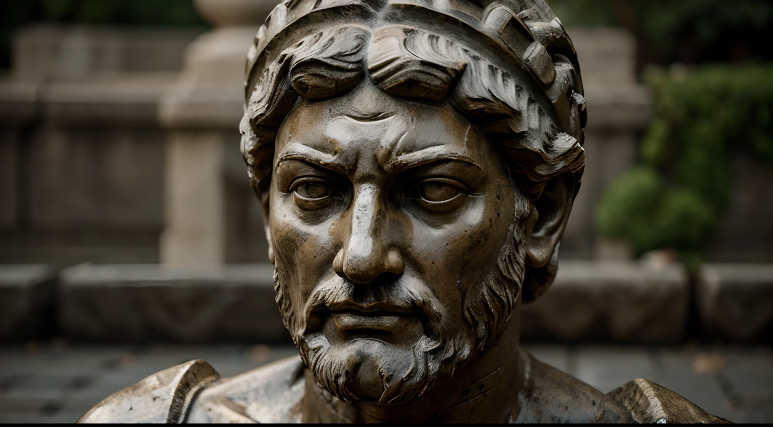 Ancient Stoic Statue With Very Angry Expression, tem barba, muitos detalhes em ambos os olhos, Outside, com rosto extremamente detalhado full body view, Colors with low saturation with dark tone, Filmado em Sony A7S III com Sony FE 35mm f/1.8, 12.1 MP, --AR 3:2 --estilo cru