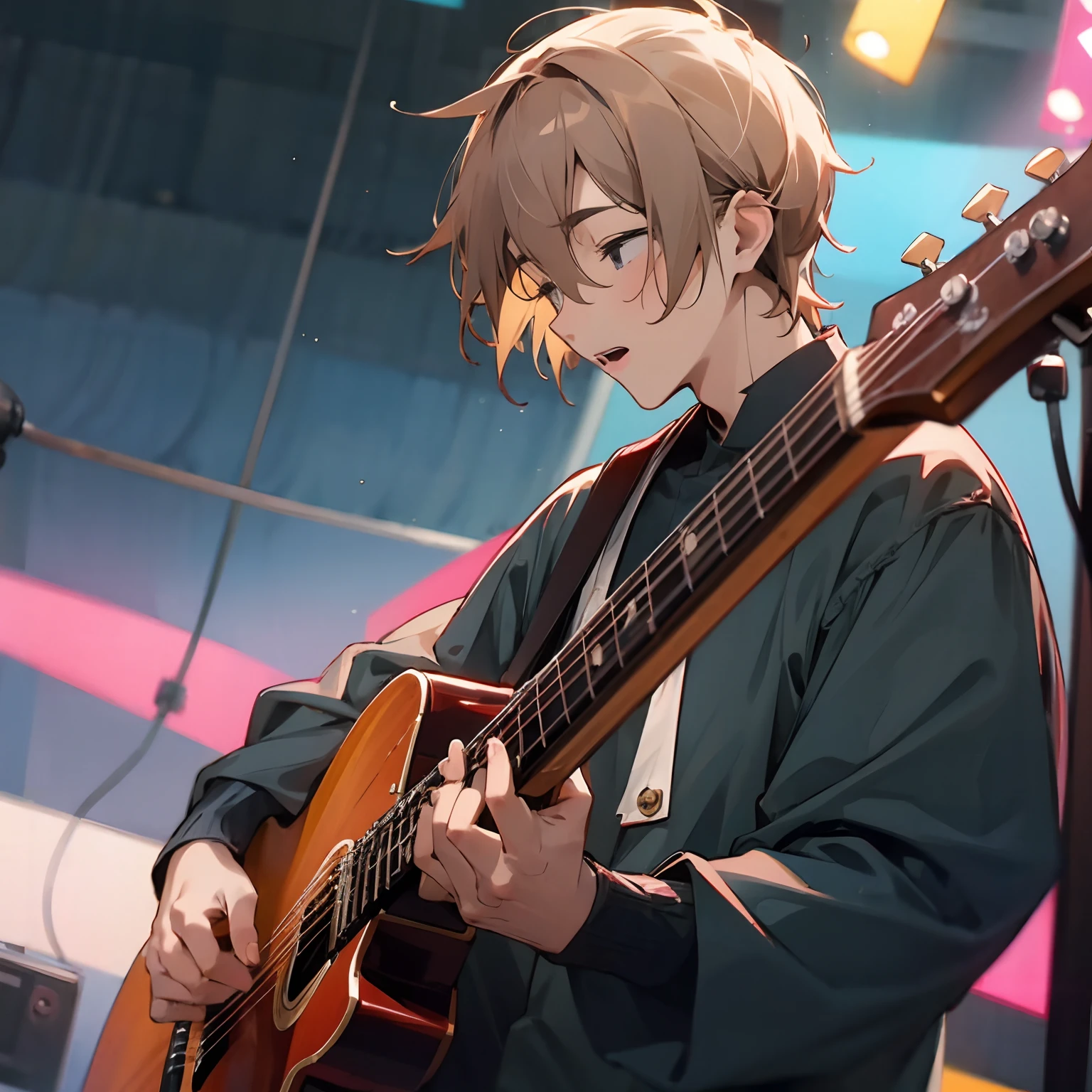 Men's、guitarrist、acoustic、Singing、Brown hair、perm
