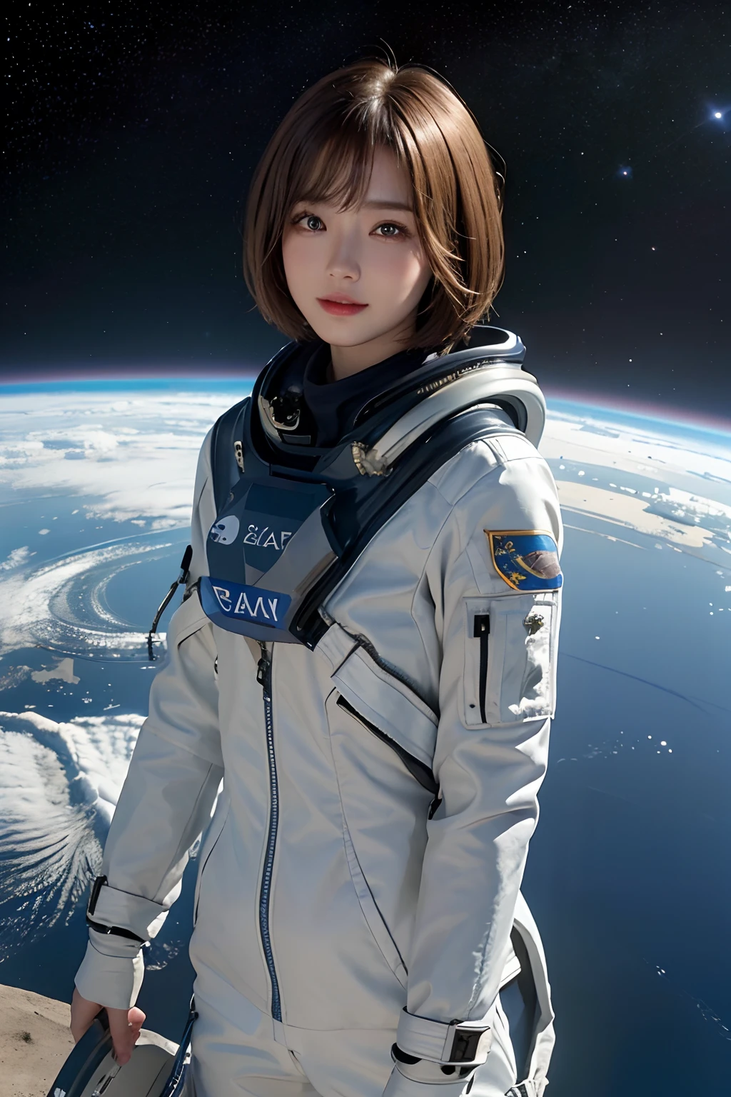 top-quality、masterpiece、超A high resolution、(realisitic:1.4)、Beautuful Women1、Beautiful detail eyes and skin、ssmile、Light brown short-cut hair、The perfect spacesuit、Inside the spacecraft、Water Planet、weak sunshine、cosmic space、