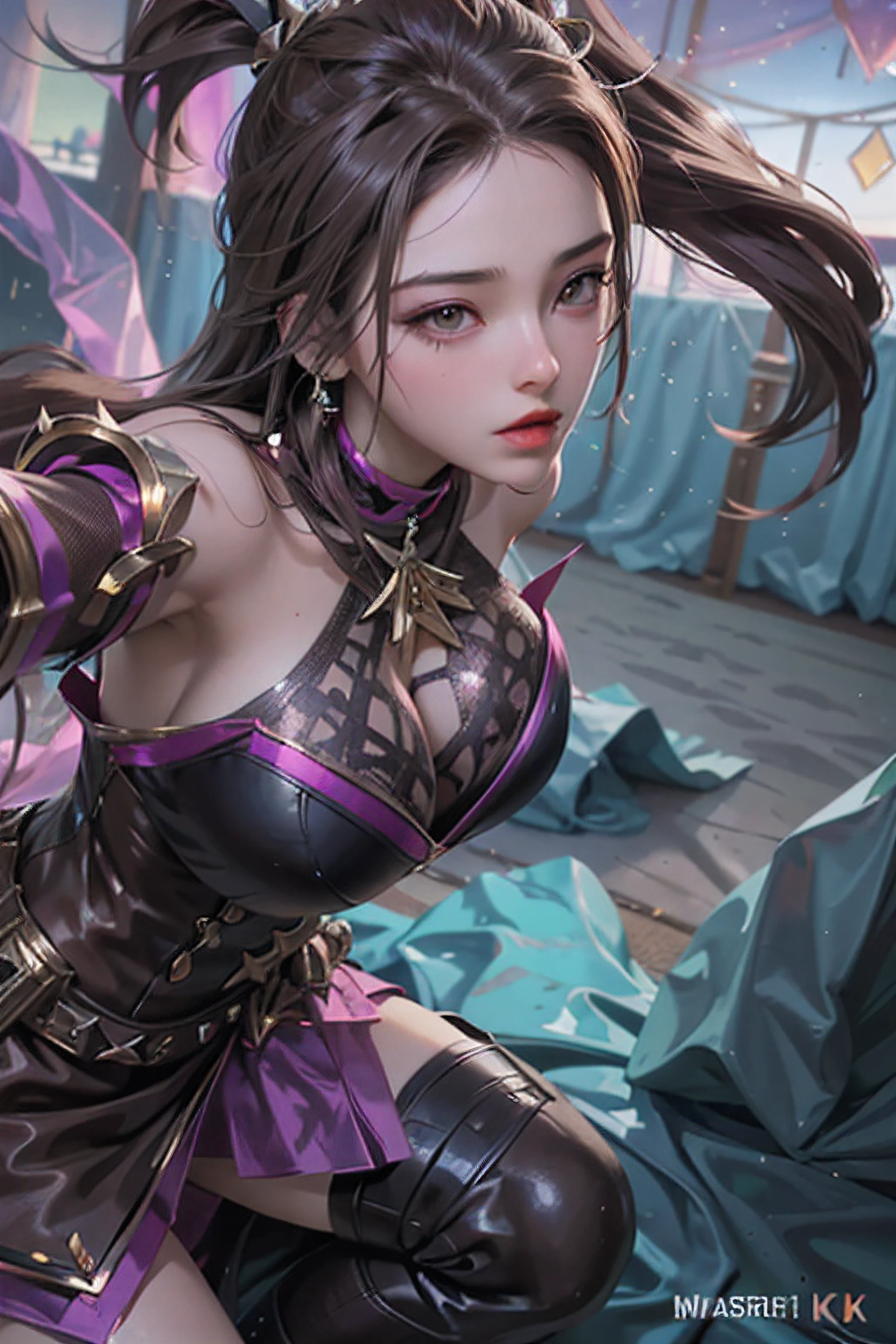 Irelia from League of Legends, KDA Irelia ((Realistic light, Best quality, 8k, Masterpiece :1.3)), Selfie, 1girl, Pretty woman with perfect figure :1.4, abs :1.1, (Brown hair, Huge breasts :1.5), arabic dress :1.2, Bed, Ultra-detailed face, Detailed eyes, Double eyelid, perfect hands perfect fingers perfect breasts perfect hair perfect face perfect body