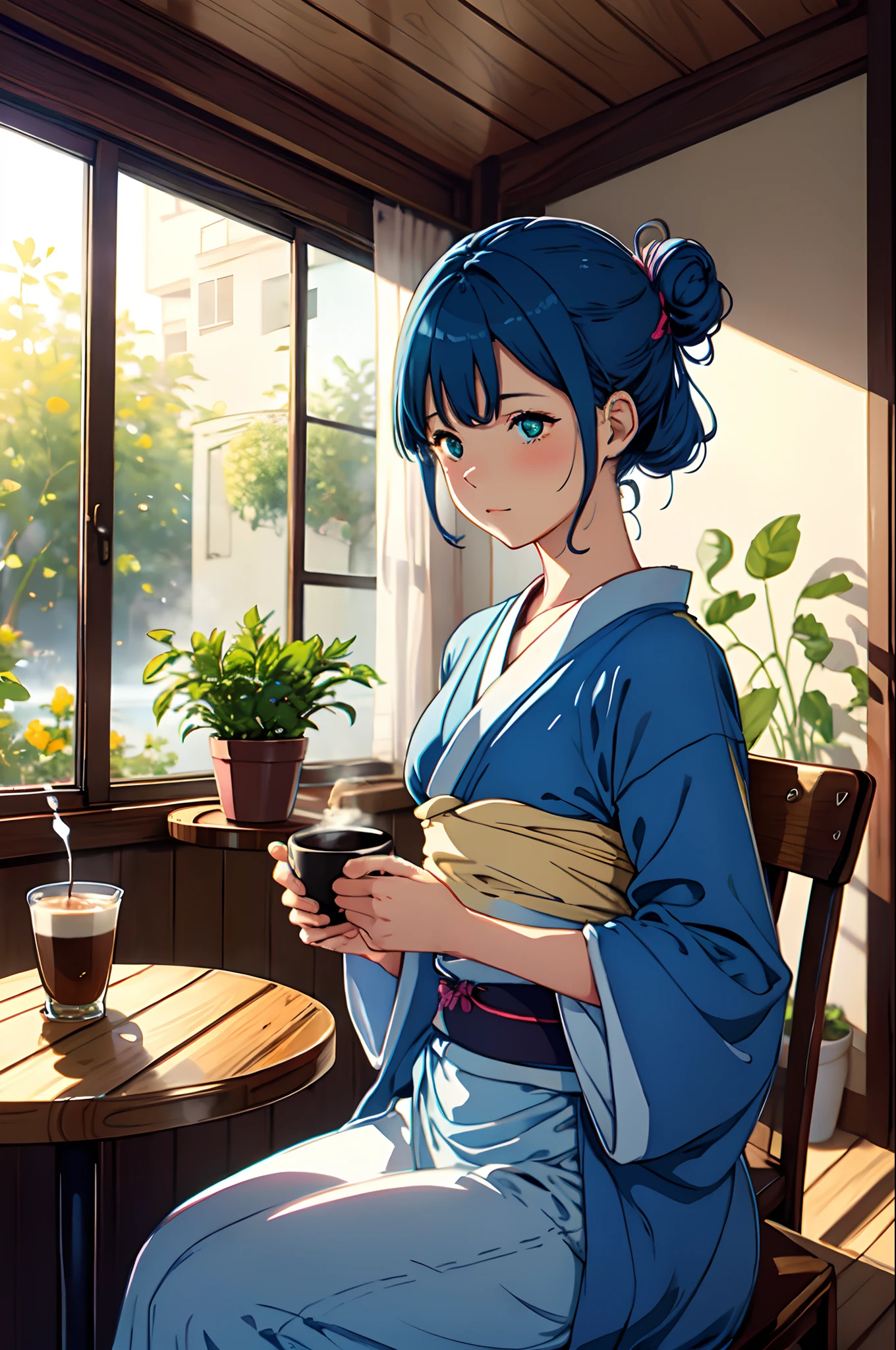 girl, coffee, cafe, table, messy bun, straw, sunlight, window, cozy, serene, floral, aesthetic, pastel, slice of life, relaxation, morning, leisure, tranquil, warm atmosphere, steam, peaceful, daydreaming, aromatic, latte art, book, potted plants, cherry blossoms, blush, contemplation, gentle, delicate, whimsical, blue hair, kimono, wave motif pattern
