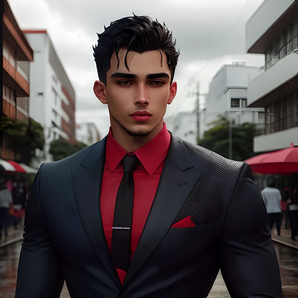 Homem de terno preto e vermelho na chuva