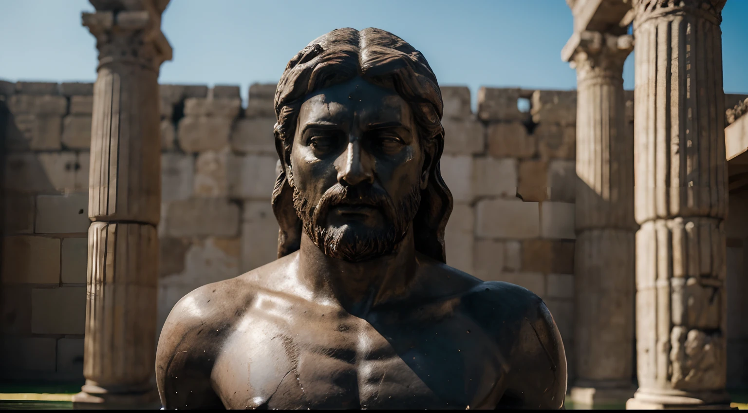 Ancient Stoic Statue With Very Angry Expression, tem barba, muitos detalhes em ambos os olhos, Outside, com rosto extremamente detalhado full body view, Colors with low saturation with dark tone, Filmado em Sony A7S III com Sony FE 35mm f/1.8, 12.1 MP, --AR 3:2 --estilo cru