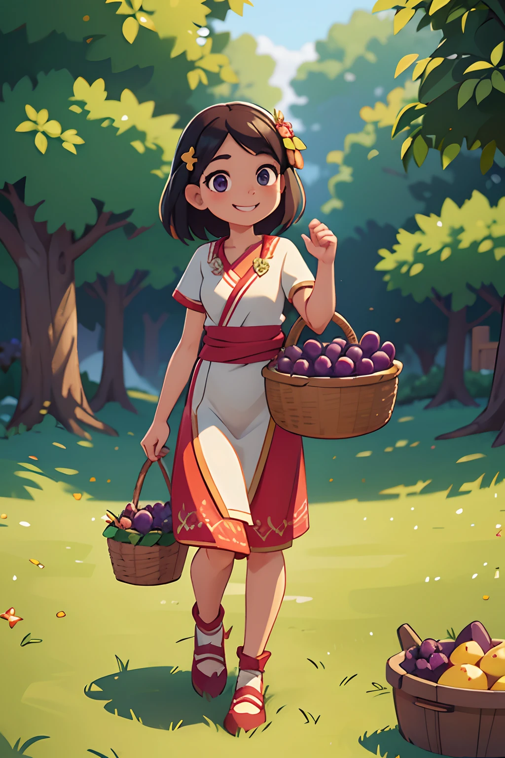 Octane Render、(Hyper-detailing: 1.15)、(Soft light、sharp: 1.2)、morning、Harvesting grapes, Distinctive ethnic hair ornaments、Characteristic ethnic shoes、 Fuji Film, F/4.0, masutepiece, Anatomically correct、A smile, radiant light