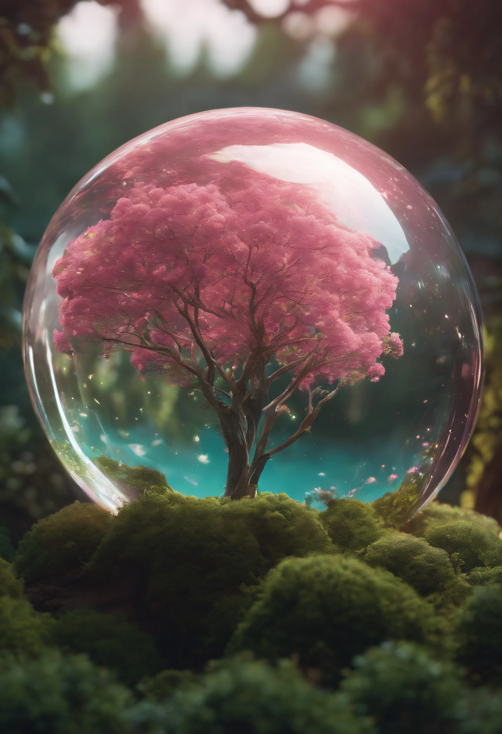 (((masterpiece))) (((best quality))) glass sphere, close-up of a planet with a bunch of trees on it, overgrown planet, green planet, fractal world, fantasy overgrown world, fantasy planet, Dyson sphere, pink planet, 3D render beeple, planetary landscape, round planet inspired by Jofra Bosschart, planet, futuristic world, psychedelic flower planets, ethereal world, (outgoing glow)