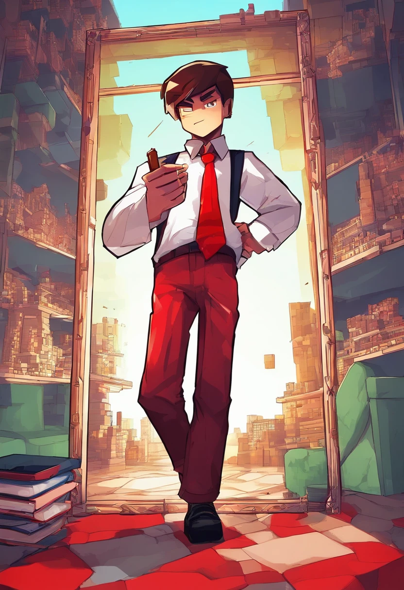 12year old Boy capturing pricture using mobile in front of mirror , wearing red pant and white shirt and red tie and without court,anime,swag,attitude,stylish cloths,classy background,8K
