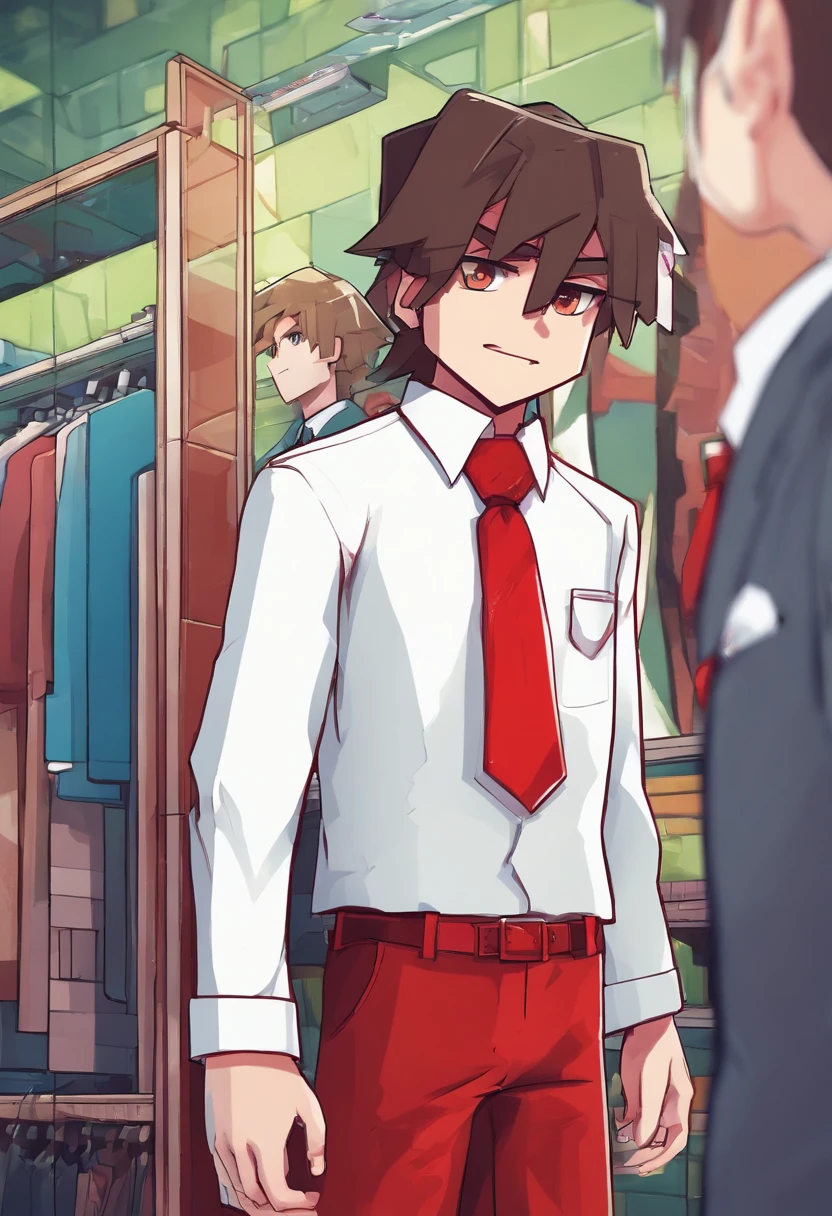 12year old Boy capturing pricture using mobile in front of mirror , wearing red pant and white shirt and red tie and without court,anime,swag,attitude,stylish cloths,classy background,8K