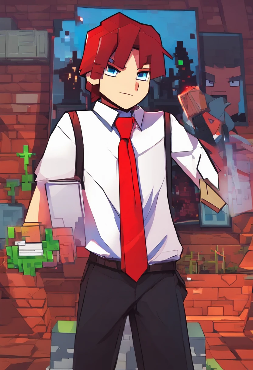 12year old Boy capturing pricture using mobile in front of mirror , wearing red pant and white shirt and red tie and without court,anime,swag,attitude,stylish cloths,classy background,8K