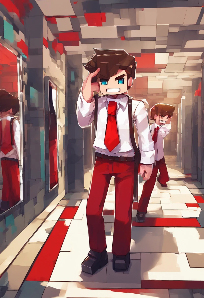 12year old Boy capturing pricture using mobile in front of mirror , wearing red pant and white shirt and red tie and without court,anime,swag,attitude,stylish cloths,classy background,8K