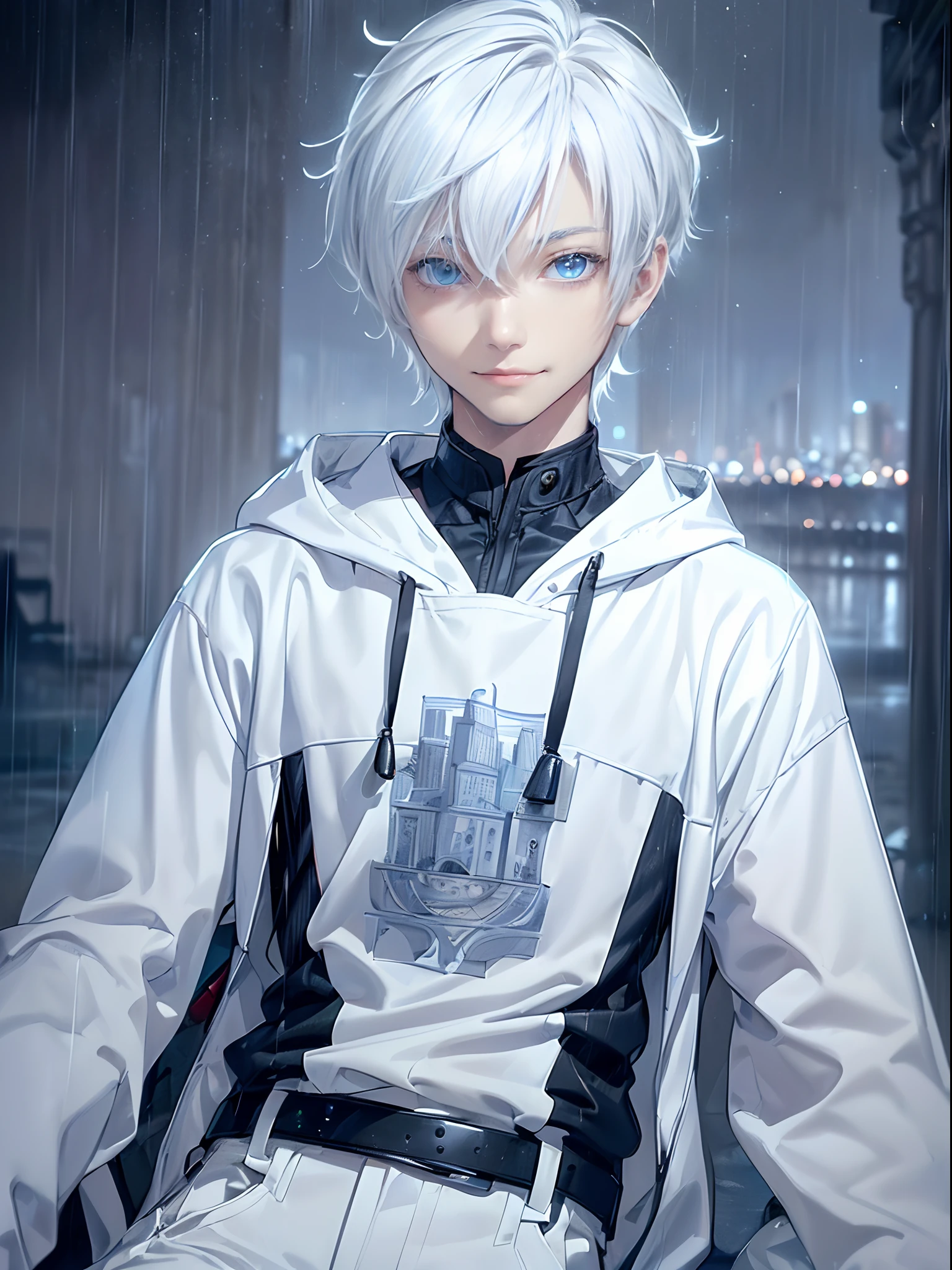 ((4K works))、masterpiece、(top-quality)、One beautiful boy、Slim body、tall、((Black Y-shirt and white pants、Charming street style))、Please wear one jacket、Wearing a hood to hide his face、(Detailed beautiful eyes)、Morning City、((Rainy city))、Fashionable city with morning rain、((Bright, Cloudy sky))、((Face similar to Carly Rae Jepsen))、((Short-haired white hair))、((Smaller face))、((Neutral face))、((Bright blue eyes))、((American adult male))、((Adult male 26 years old))、((Cool Men))、((Like a celebrity))、((Smiling expression))、((Korean Makeup))、((elongated and sharp eyes))、((Happy dating))、((boyish))、((Upper body photography))、Professional Photos、((Model photo))、((Focus zoom on face))、((Face enhancement))、((Face Close-up))、((Shot alone))、((He's under the roof))、((Shot from diagonally below))、((He stares at the viewer))、((Bring your face closer to the camera、Smile with a cheek cane))、((He sits in front of the viewer))