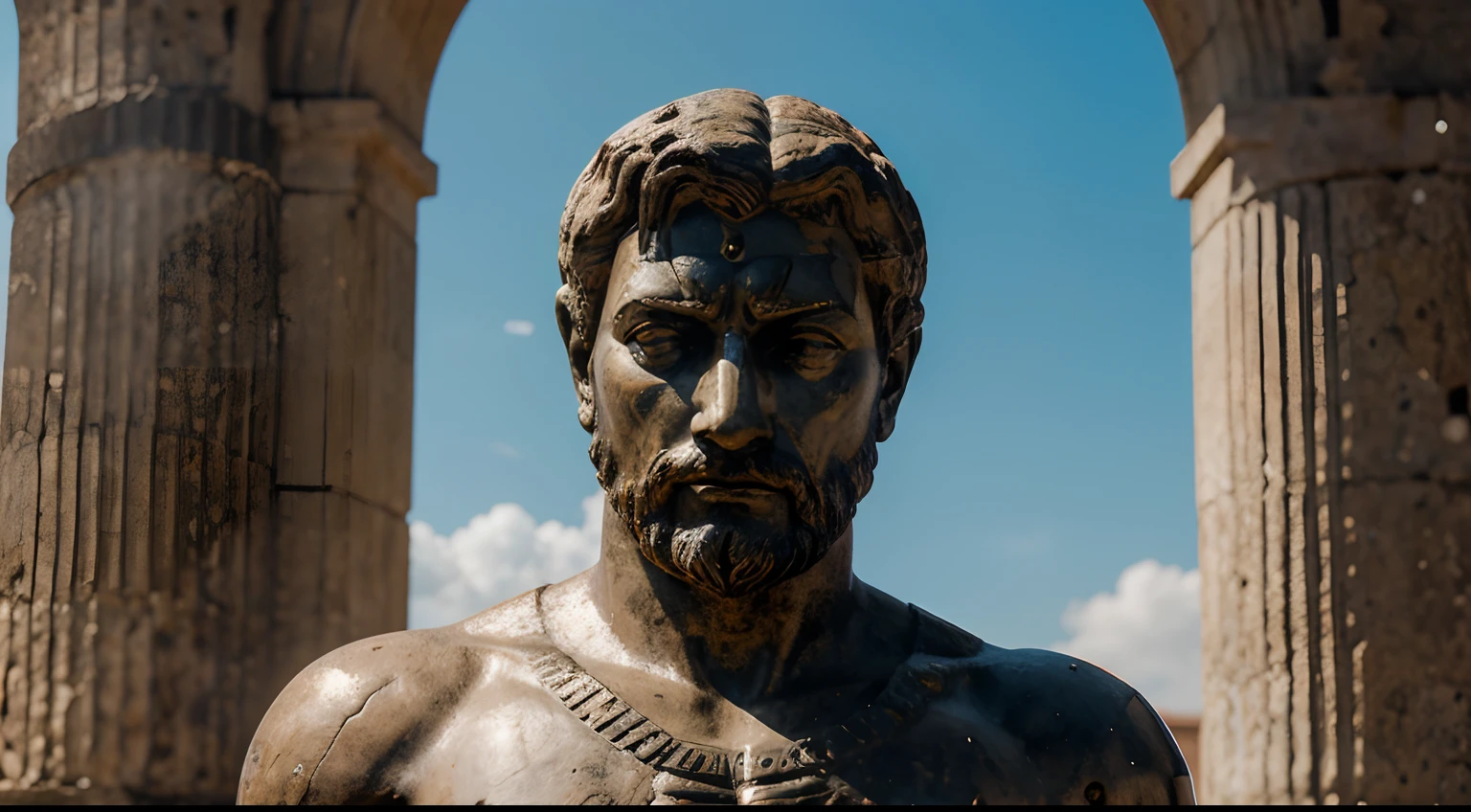 Ancient Stoic Statue With Very Angry Expression, tem barba, muitos detalhes em ambos os olhos, Outside, com rosto extremamente detalhado full body view, Colors with low saturation with dark tone, Filmado em Sony A7S III com Sony FE 35mm f/1.8, 12.1 MP, --AR 3:2 --estilo cru